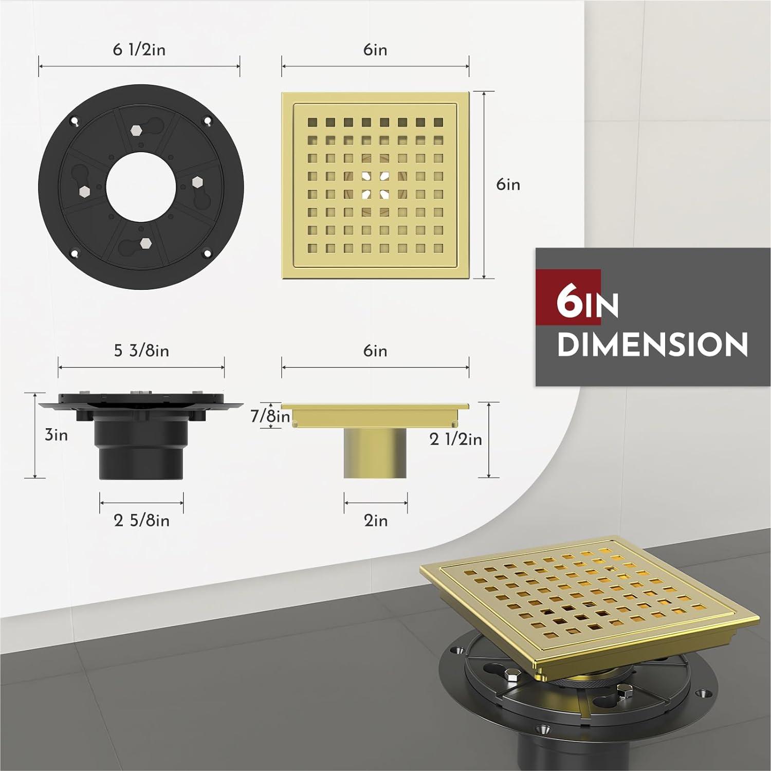 6 Inch Brushed Gold Stainless Steel Square Shower Drain