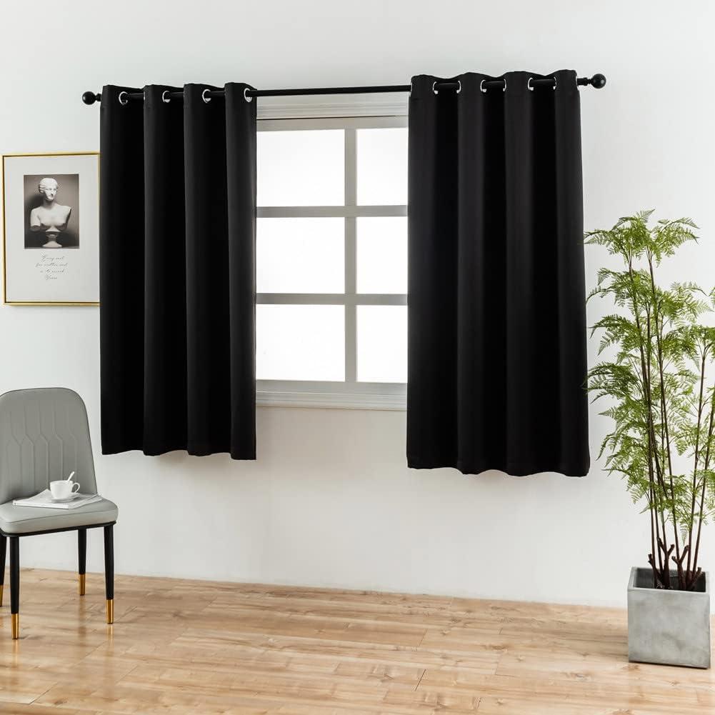 Coodeto Short Blackout Curtains Black, Set of 2, W52 x L63 - Blackout Curtains for Kitchen and Kids Bedroom