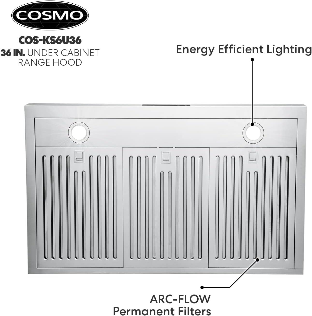 Cosmo 36" Stainless Steel 500 CFM Ducted (Vented) Under Cabinet Range Hood with Baffle Filter