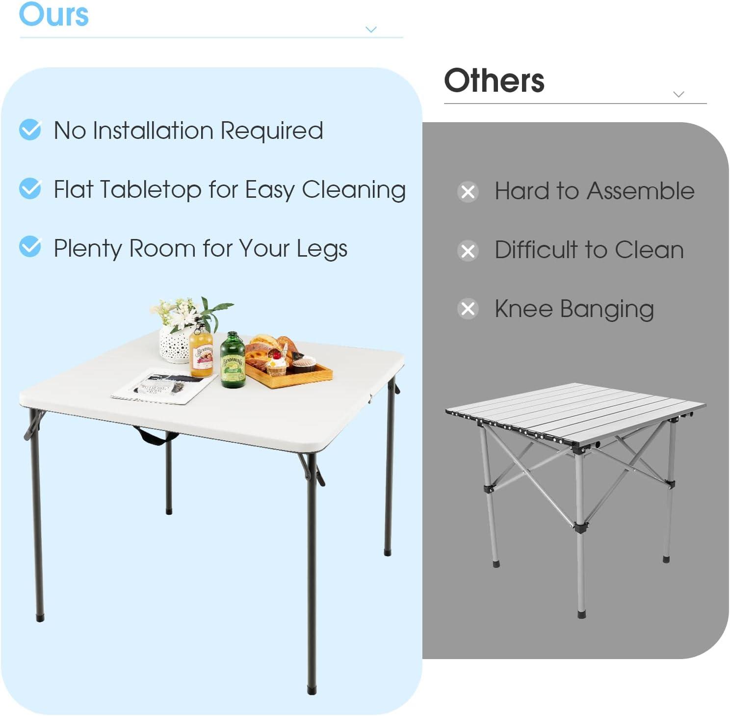 34" Square Folding Card Table, Foldable Plastic Folding Tables, Portable Fold Up Table w/Handle, White Indoor Outdoor Utility Bi-Folding Commercial Table for Picnic, Party, Dining, Camping, BBQ