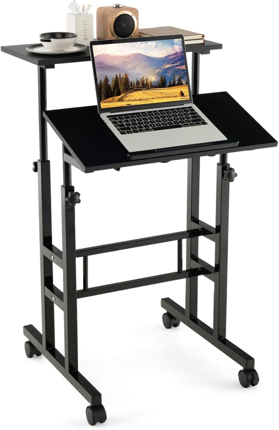 Costway Mobile Standing Desk Rolling Adjustable Laptop Cart Home Office Walnut/Natural/White