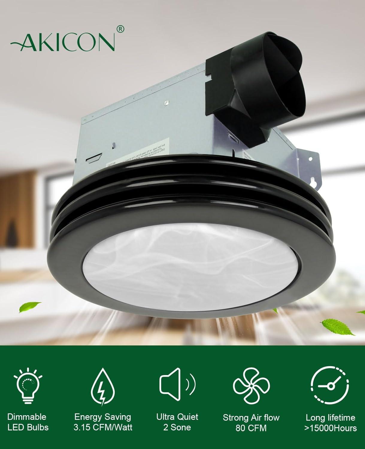 Akicon  Ultra Quiet Bathroom Exhaust Fan with LED Light 80CFM 2.0 Sones Round Bathroom Ventilation Fan with Frosted Glass Cover Brushed Nickel