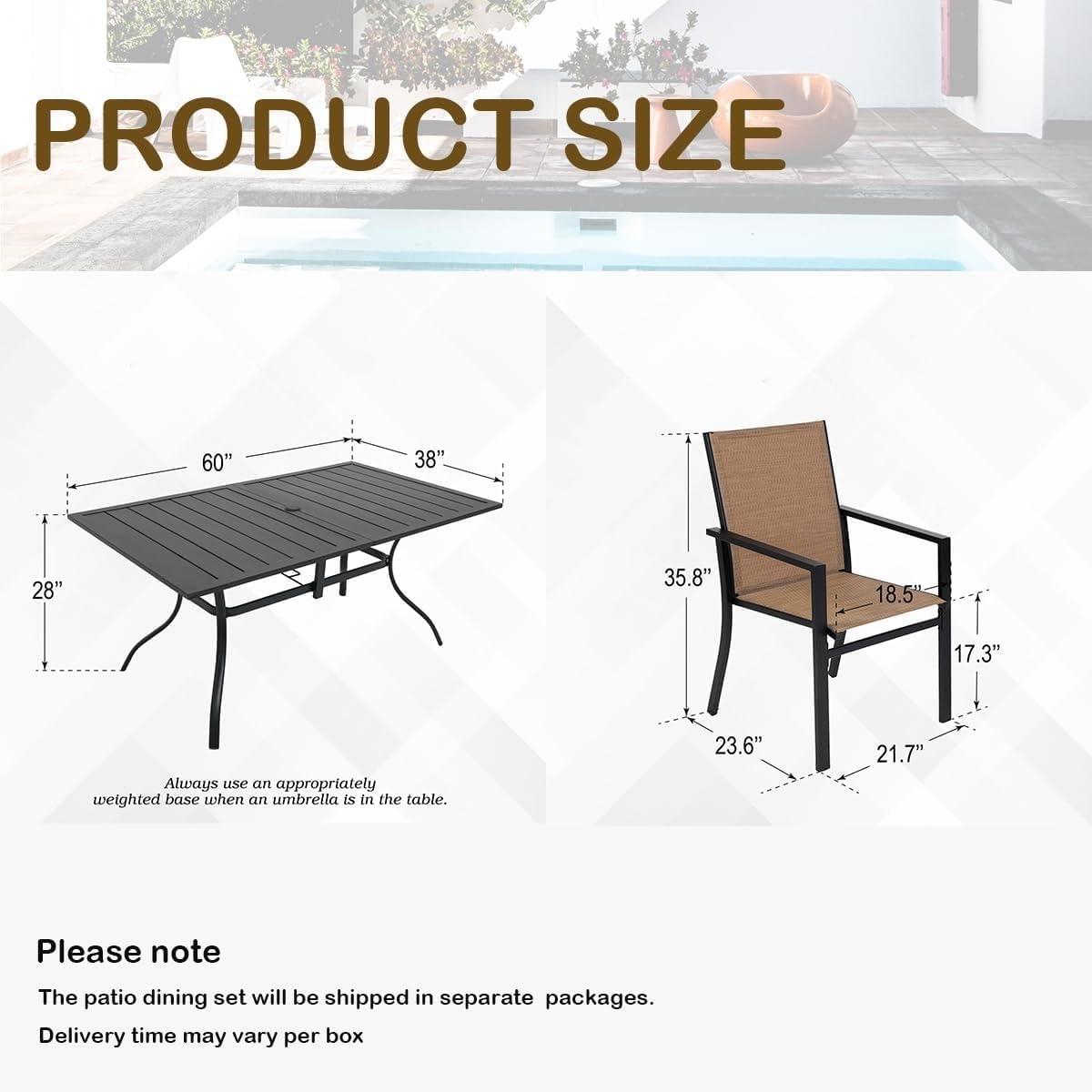 Homall Patio Dining Set 7 Pieces Outdoor Furniture with Large Table and 6 Textilene Chairs for Porch, Brown