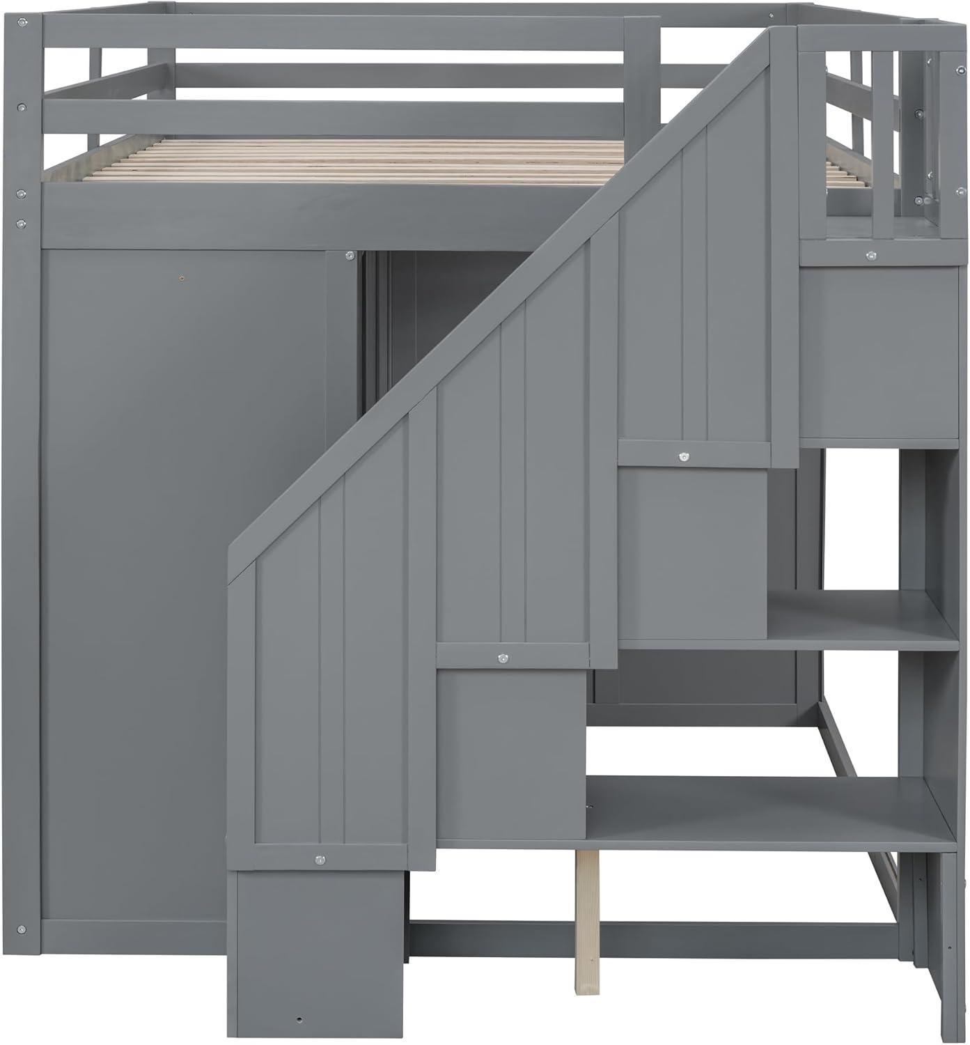Quarte Multifunctional Loft Bed, Full Size Loft Bed with Built-in Wardrobes, Cabinets and Drawers for Kids Teens Adults, No Box Spring Required (Gray/Pine3, Full)