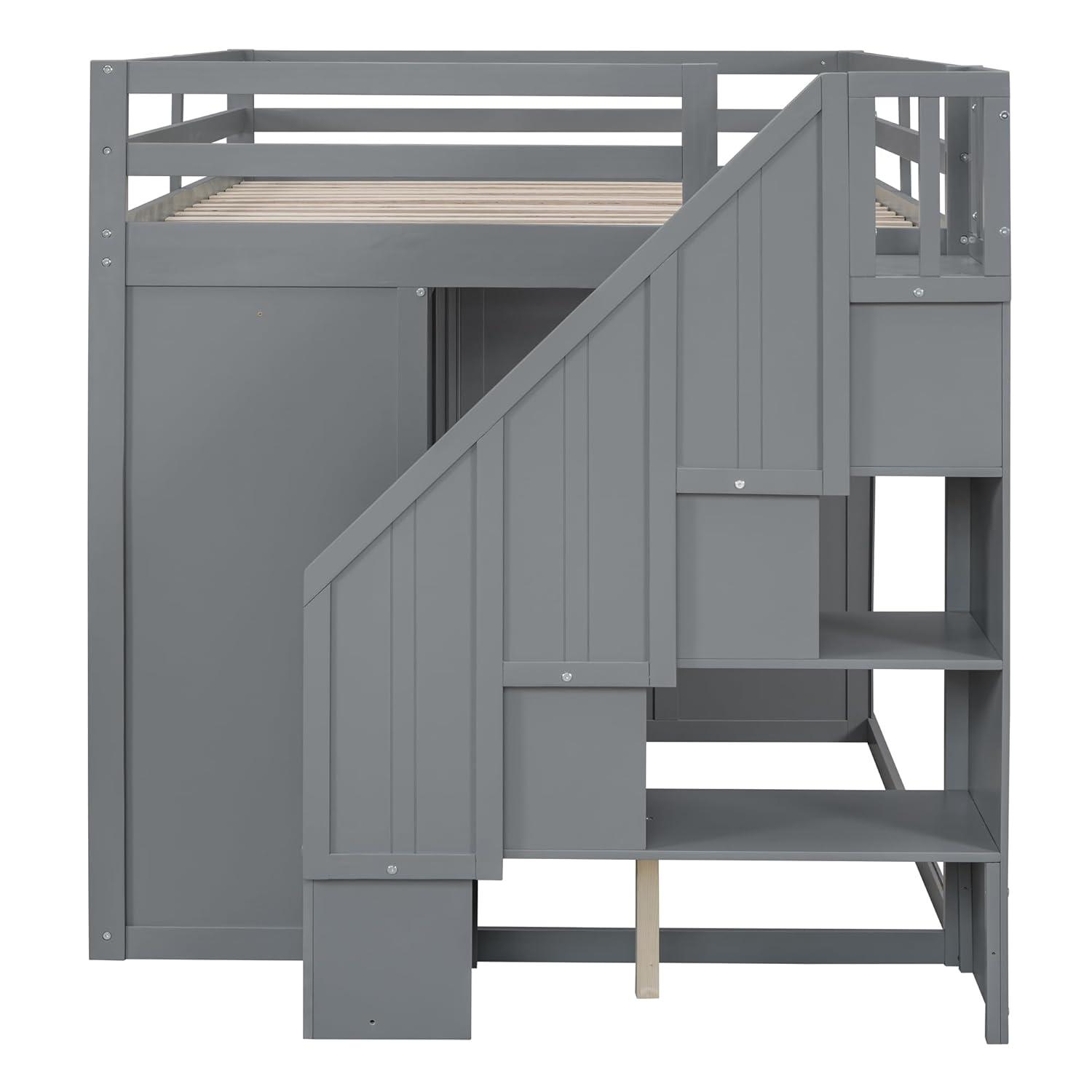 Quarte Multifunctional Loft Bed, Full Size Loft Bed with Built-in Wardrobes, Cabinets and Drawers for Kids Teens Adults, No Box Spring Required (Gray/Pine3, Full)