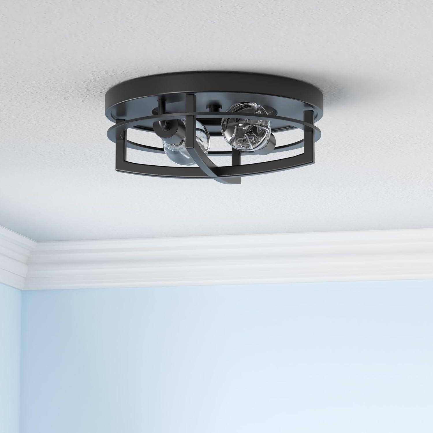 Ceiling Light Fixture,2-Light Farmhouse Flush Mount Ceiling Light for Hallway Foyer Bedroom,13 inch Black Finish,4FW01-F BK
