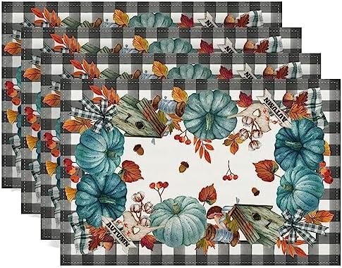 Linen Fall Placemats Set of 4 Blue Pumpkin Table Mats Buffalo Plaid Autumn Maple Leaves Pumpkin Decor Harvest Fall Harvest Decorations and Supplies for Home Kitchen Table-12×18''''