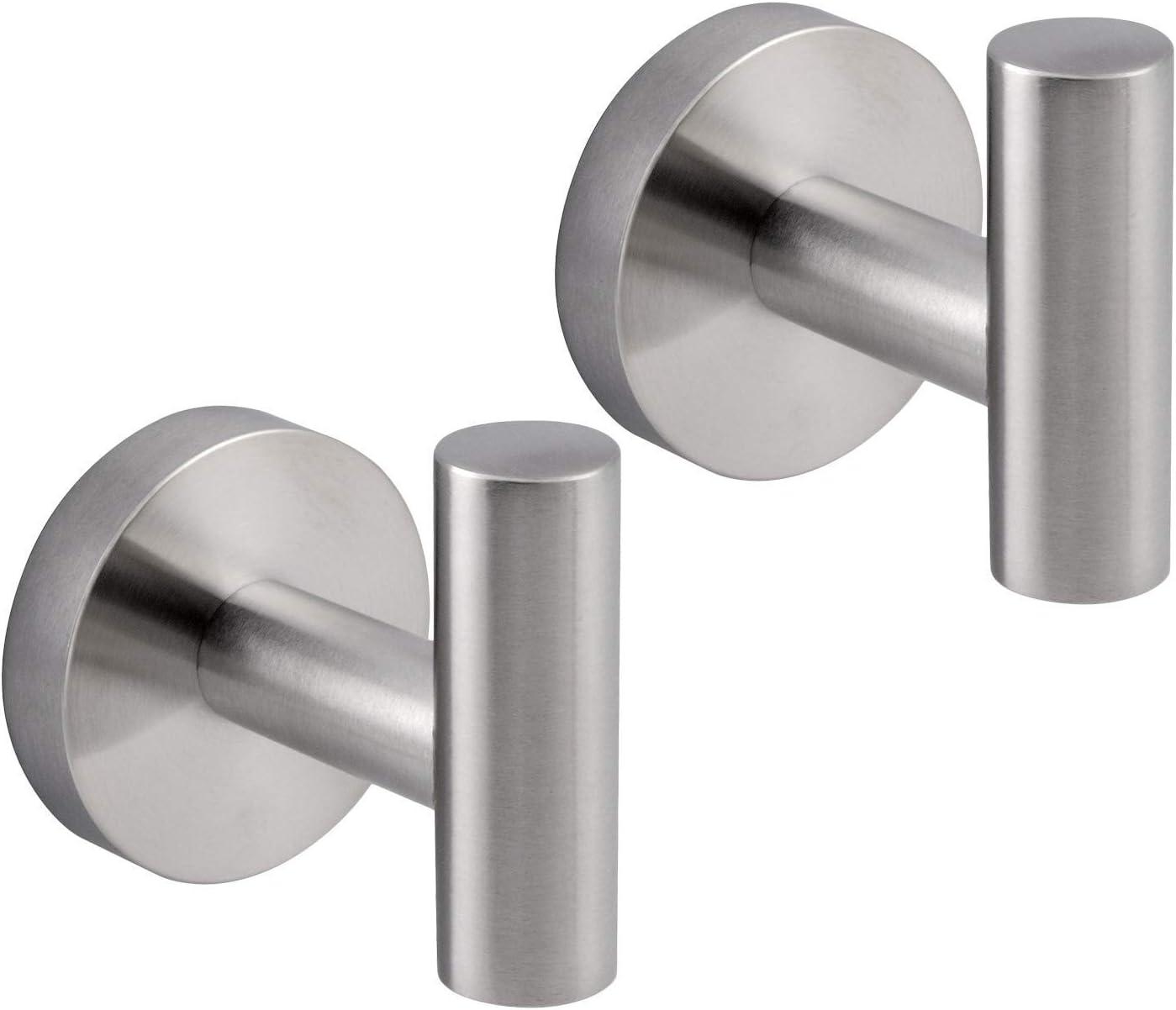 Brushed Stainless Steel Wall-Mounted Bathroom Towel Hooks, 2-Pack