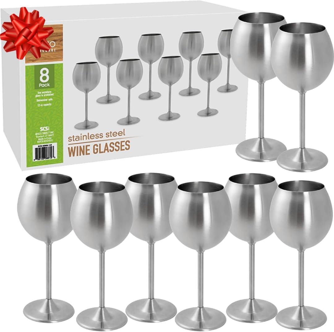 D'Eco Unbreakable 12 Oz Stainless Steel Wine Glasses (8 Pack) Large Stemmed Matte Silver Wine Goblets - Reusable Drinkware - Great Mother's Day Gift