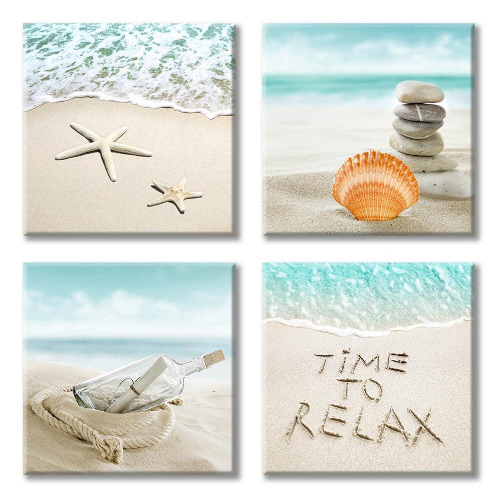 Coastal Beach Canvas Wall Art Set with Seashells and Starfish