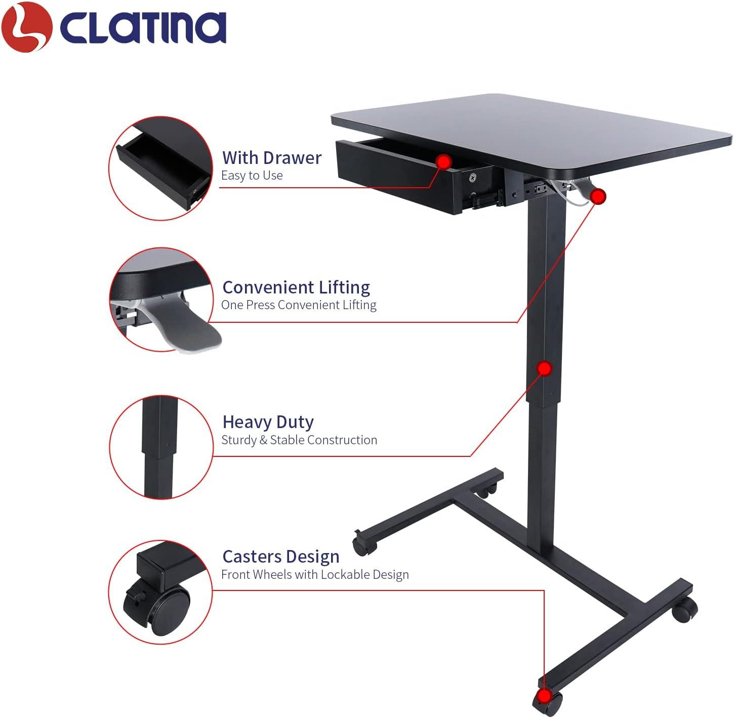 Clatina Pneumatic Height Adjustable Laptop Desk with Lockable Wheels and A Extra Drawer,28 x 18.9 inch desktop size,Black