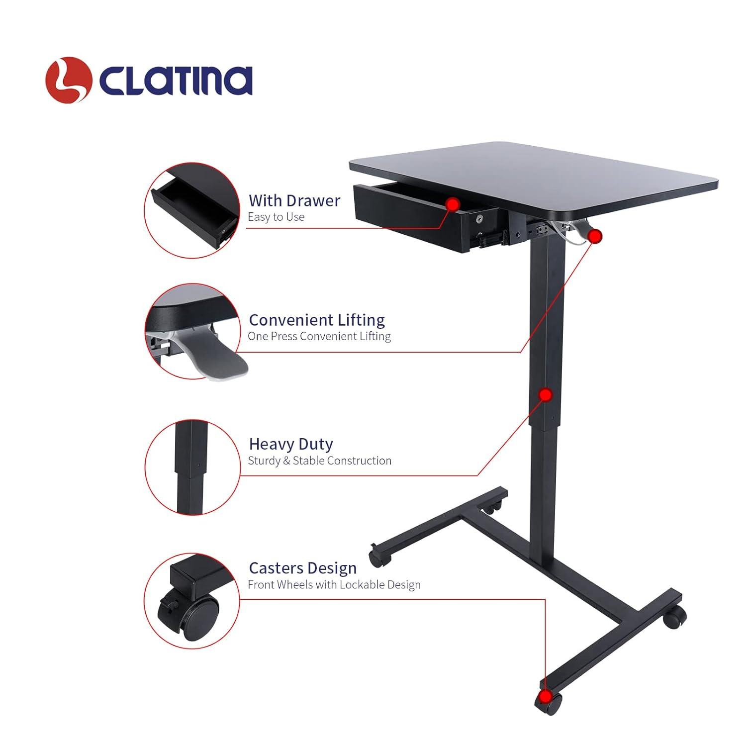 Clatina CLATINA Mobile Laptop Desk Pneumatic Sit to Stand Table Height Adjustable Rolling Cart