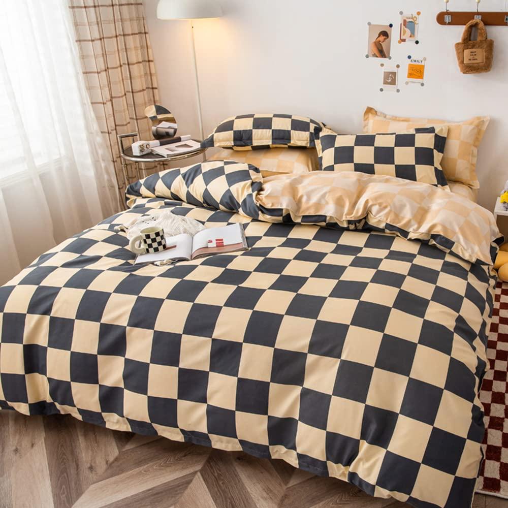 LAMEJOR Duvet Cover Set Twin Size Beige/Gray Checkered Bedding Set Comforter Cover (1 Duvet Cover+2 Pillowcases)
