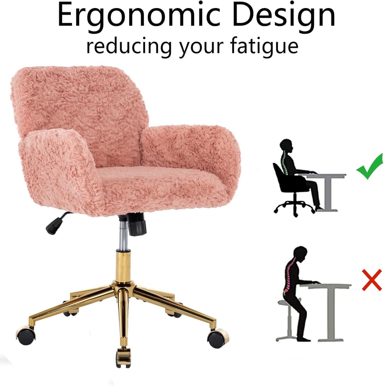 Pink Artificial Rabbit Fur Home Office Chair, Adjustable Swivel Desk Chair with Gold Metal Base and Wheels - The Pop Home