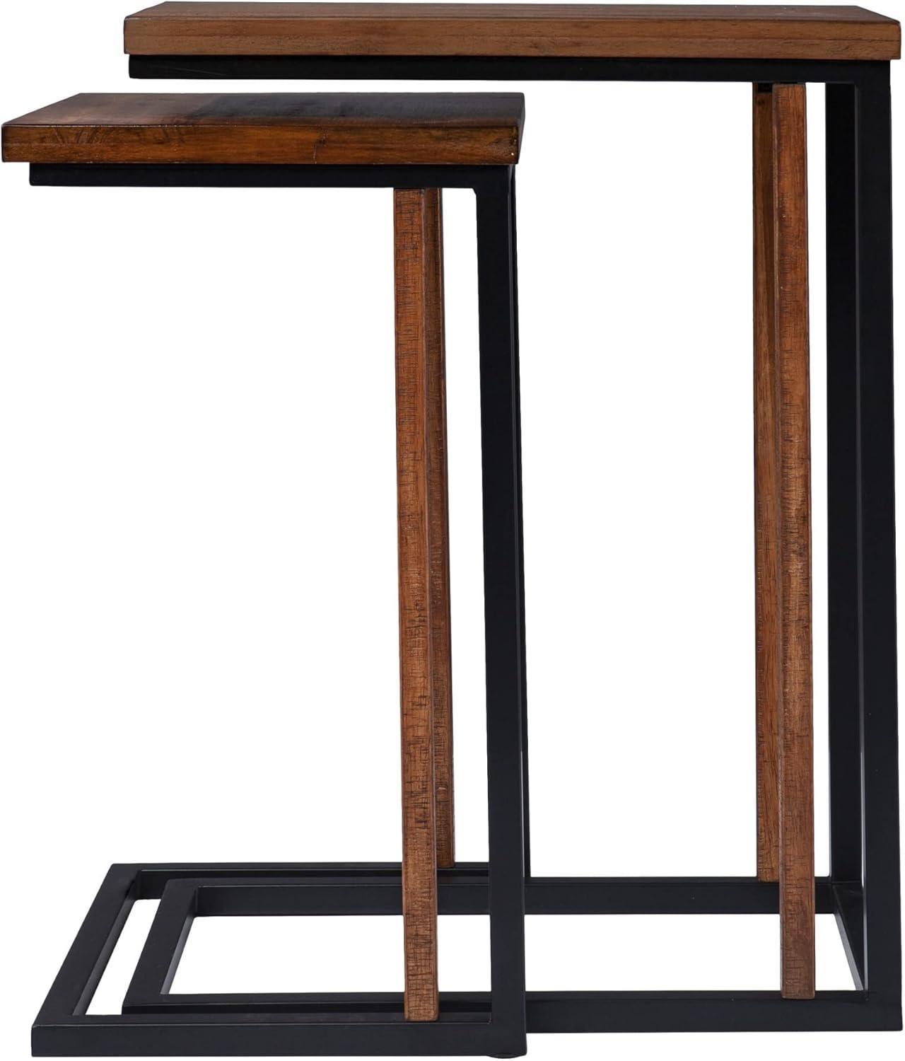 Set of Two 25" Brown Wood and Black Metal Nested End Tables