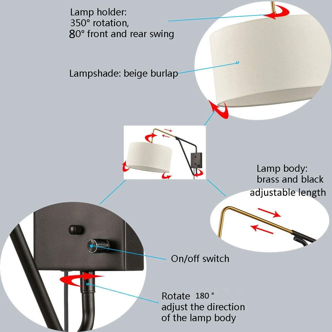 Claxy Black Plug in Wall Sconce Swing Arm Wall Lamp with Drum Fabric Shade