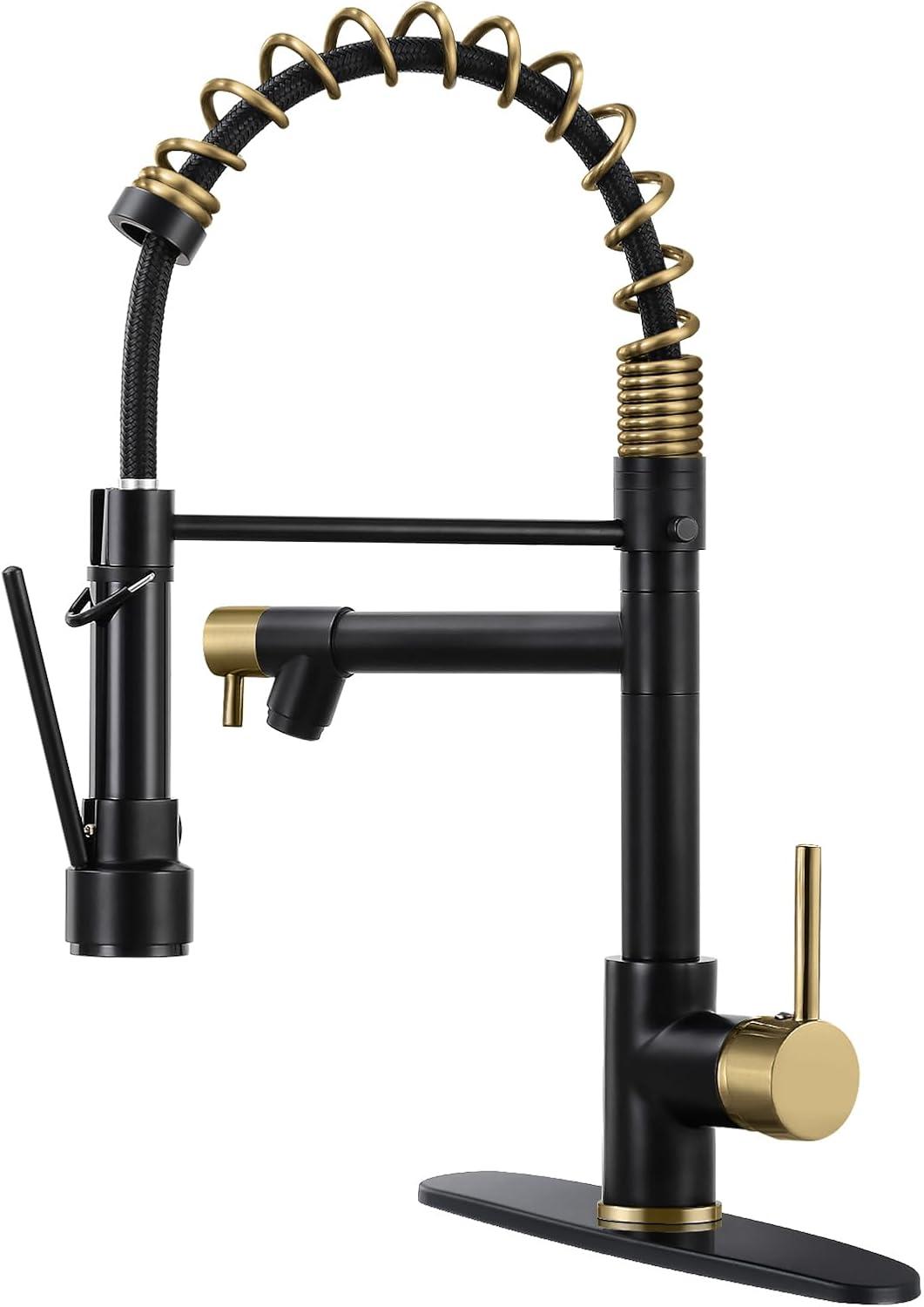 Matte Black and Gold Stainless Steel Pull Down Kitchen Faucet