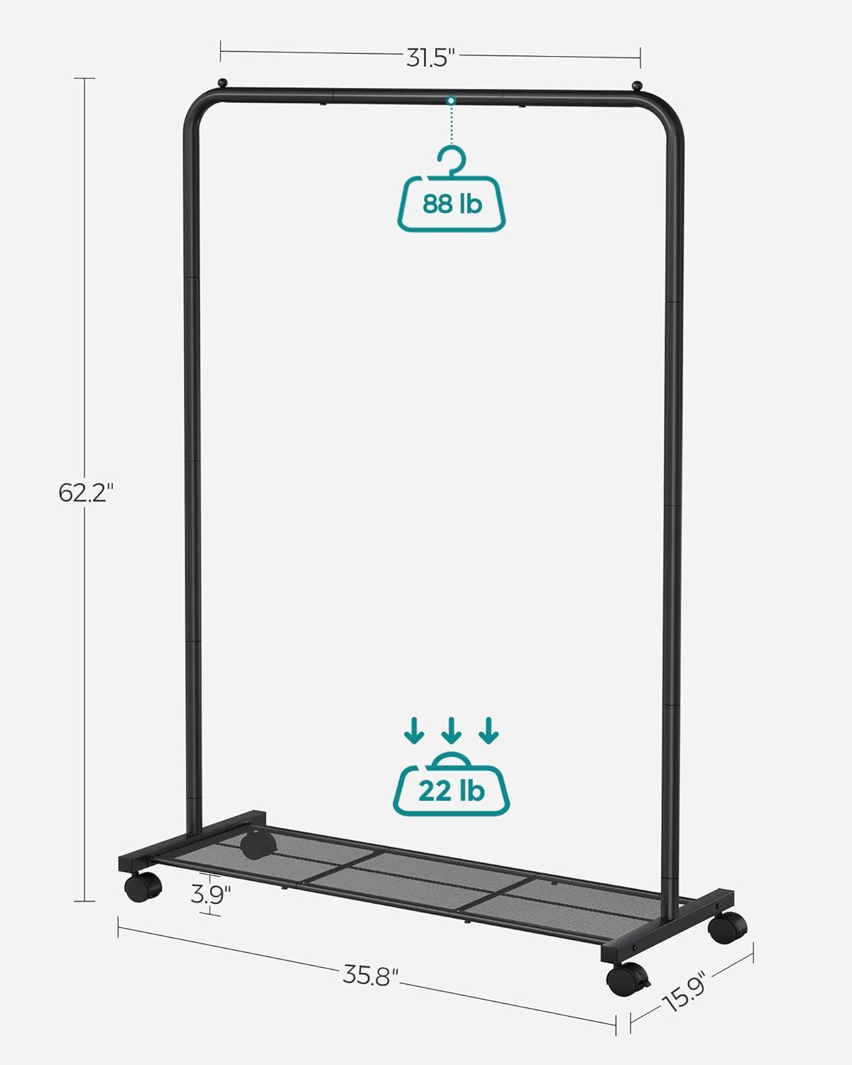 SONGMICS 110 lb Load Capacity Clothes Rack with Wheels Garment Rack with Storage Shelf Clothing Rack for Bedroom 2 Brakes Steel Frame Black