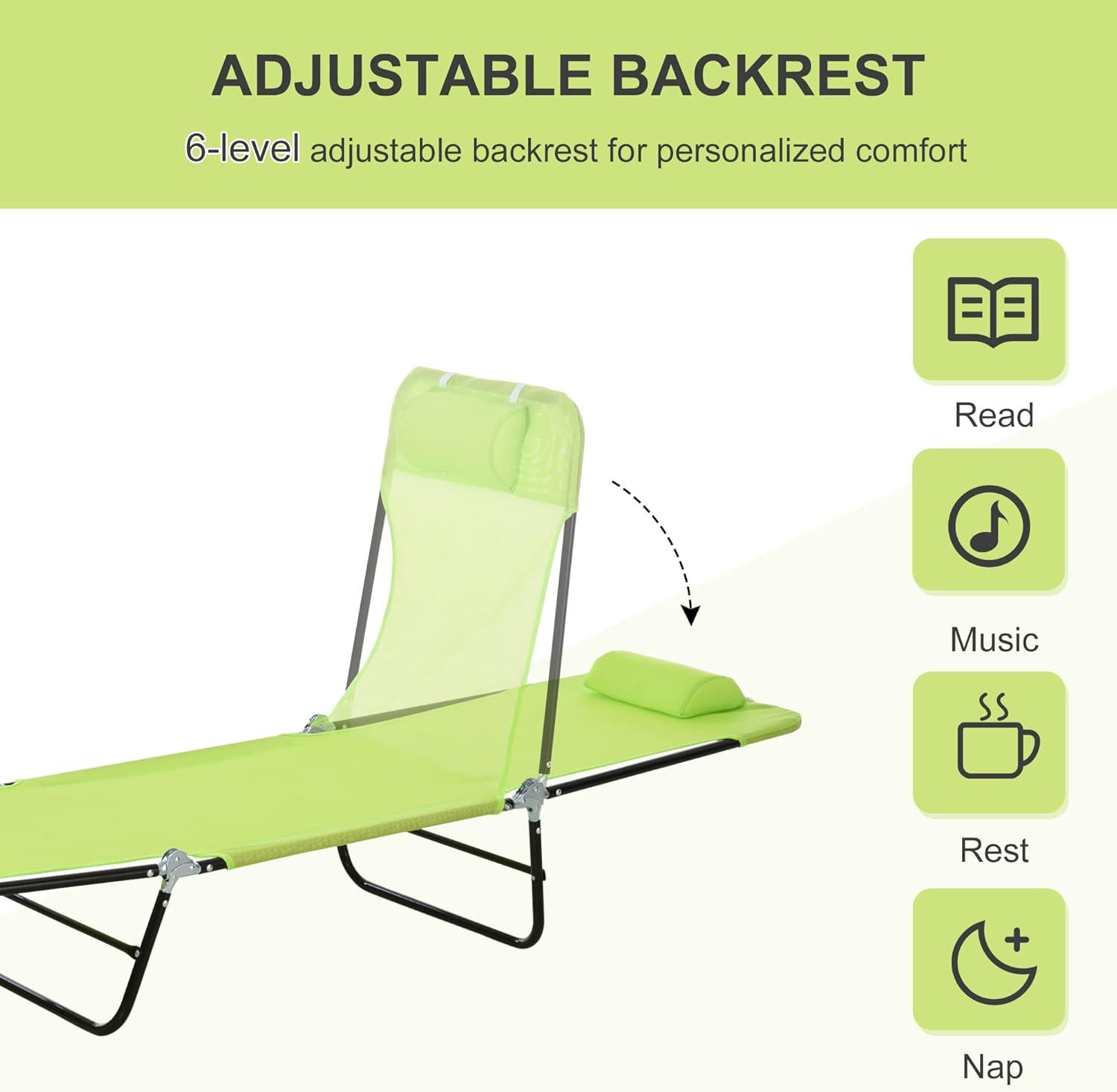 Outsunny Foldable Outdoor Chaise Lounge Chair, 5-Level Reclining Camping Tanning Chair with Breathable Mesh Fabric and Headrest, Green
