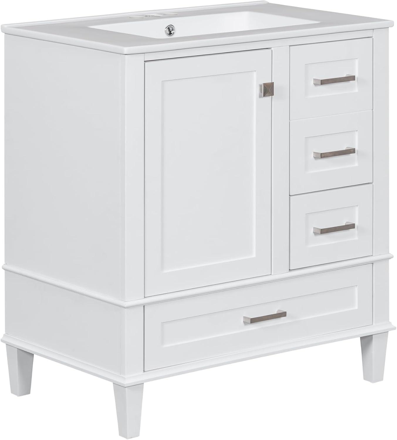 30" Modern Bathroom Vanity with Single Sink Combo Set, Solid Wood Frame Bathroom Storage Cabinet with Soft Closing Door and 3 Drawers, White