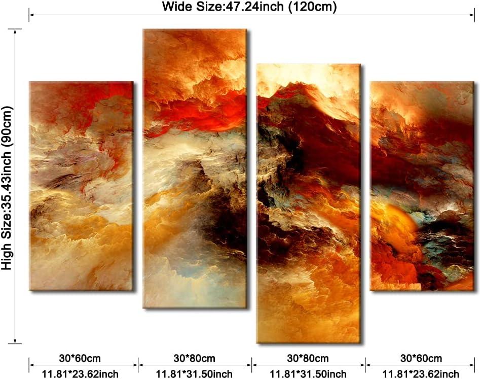 Pyradecor Large Canvas Prints Wall Art Colorful Clouds Landscape Pictures Paintings for Living Room Bedroom Home Decorations 4 Piece Modern Orange Abstract Stretched Artwork