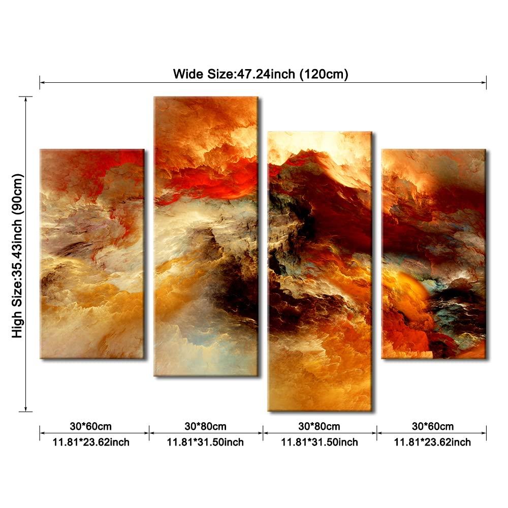 Pyradecor Large Canvas Prints Wall Art Colorful Clouds Landscape Pictures Paintings for Living Room Bedroom Home Decorations 4 Piece Modern Orange Abstract Stretched Artwork