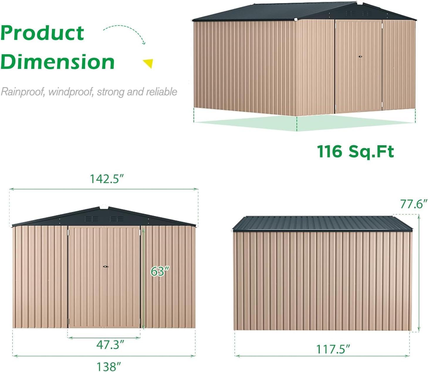 Taupe Large Metal Outdoor Storage Shed with Lockable Doors