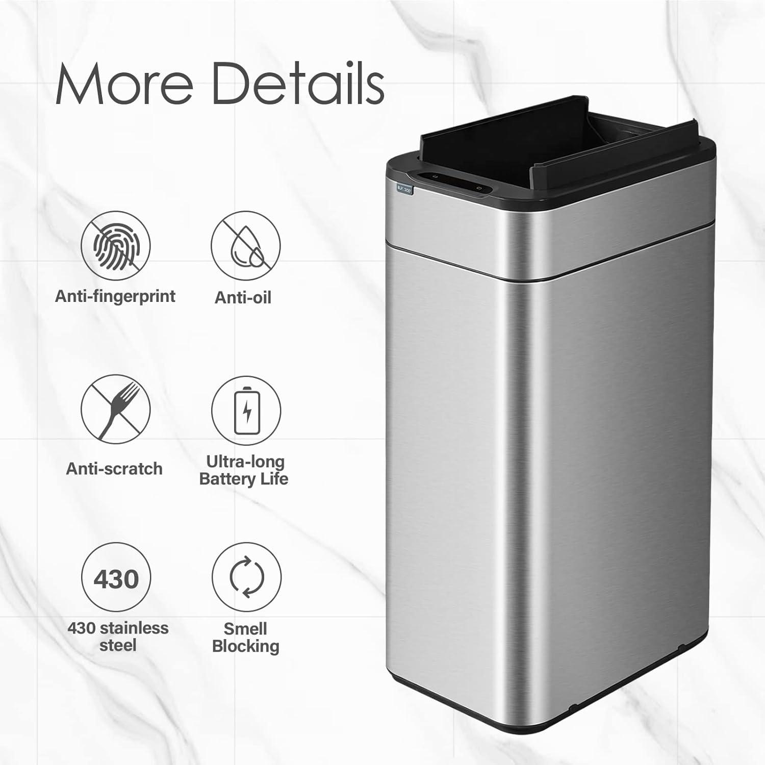 Kitchen Trash Can - ELPHECO - 40 Liter / 10.6 Gallon Automatic Trash Can with Butterfly Lid, Brushed Stainless Steel Finish, Motion Sensor Garbage Can for Kitchen, Office, Living Room, Outside, 6 AAA