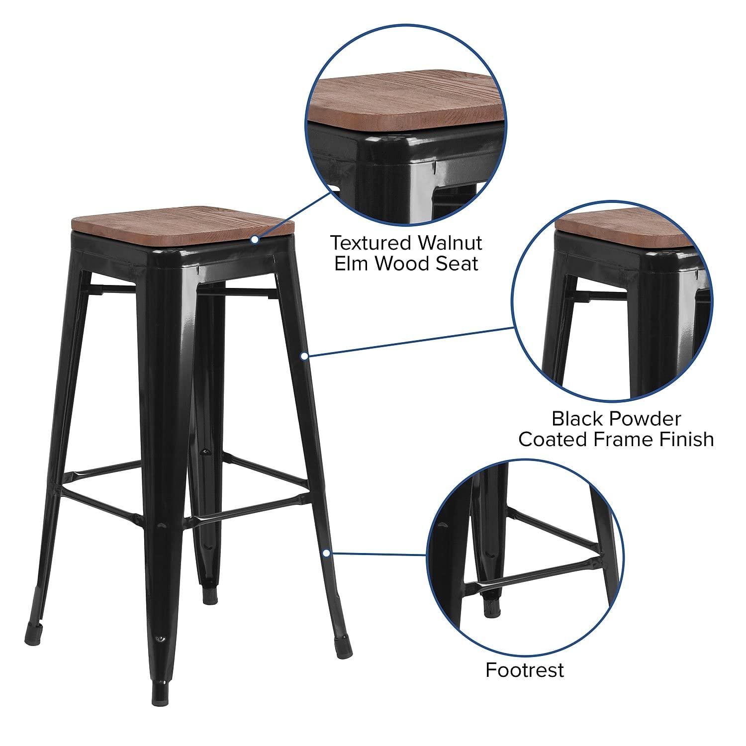 Flash Furniture Margherite 30" High Backless Metal Barstool with Square Wood Seat