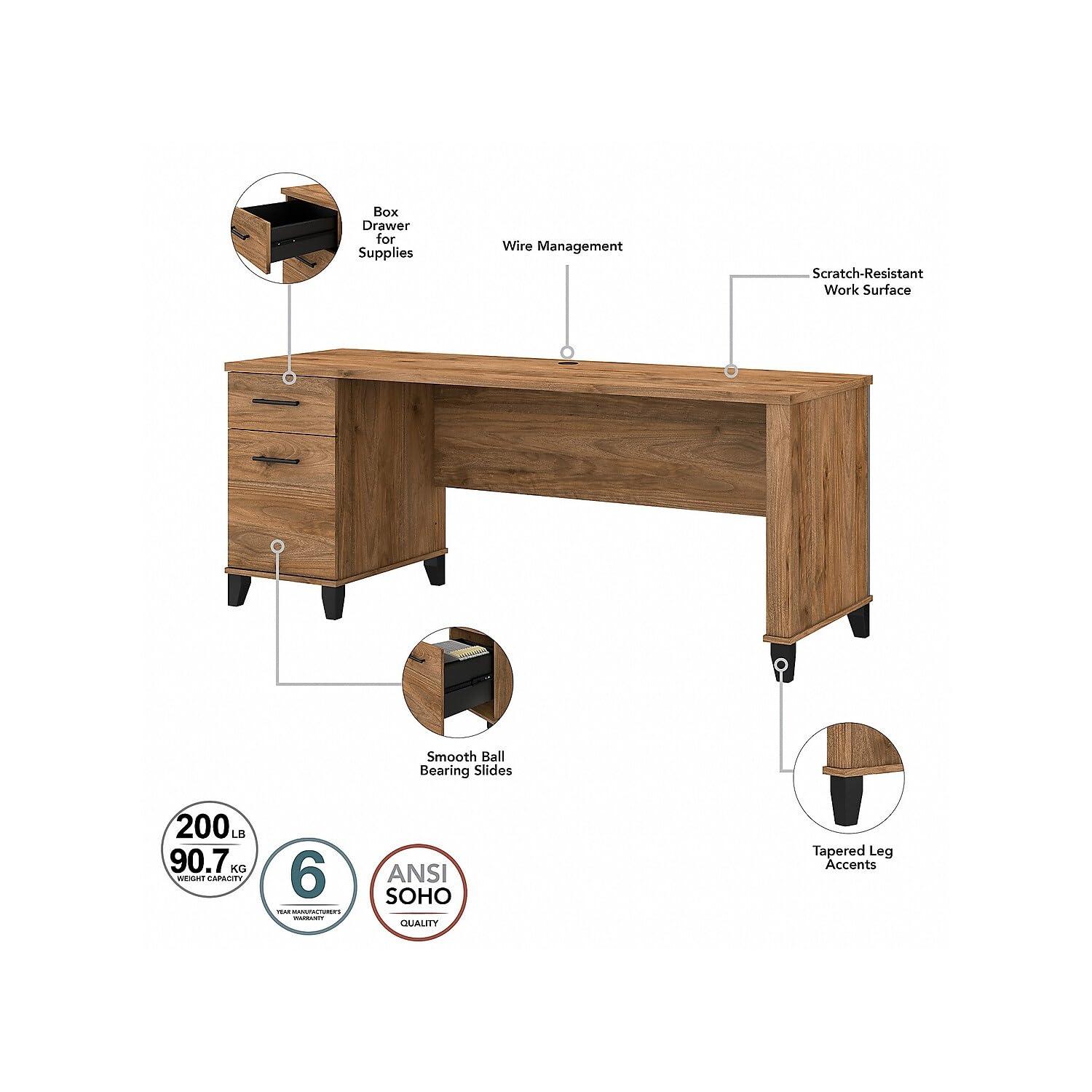 Bush Furniture Somerset 72 in Desk with Hutch with File Drawer, Open and Closed Storage in Fresh Walnut