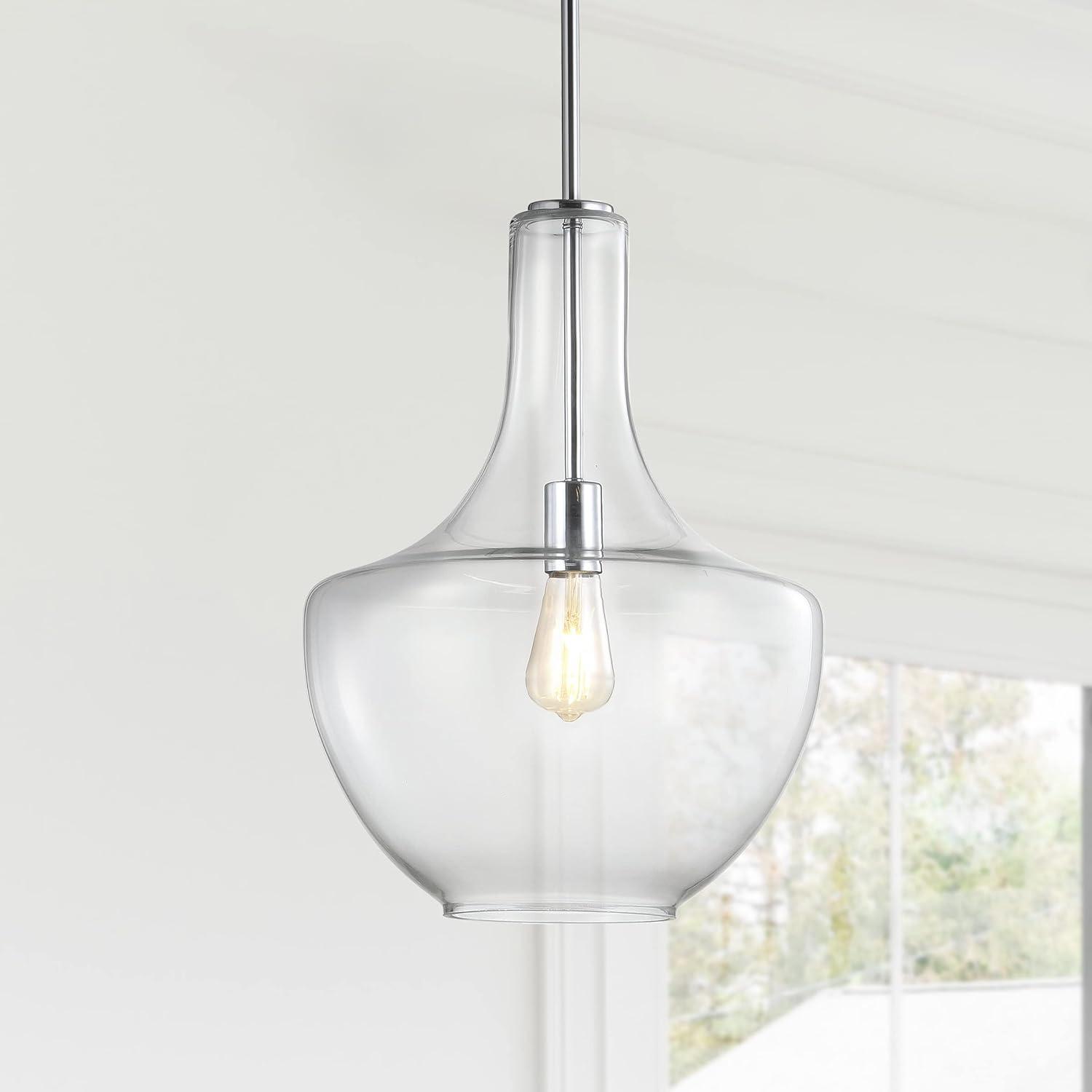 Watts 13.25" 1-Light Mid-Century Modern Iron/Glass LED Pendant, Chrome/Clear