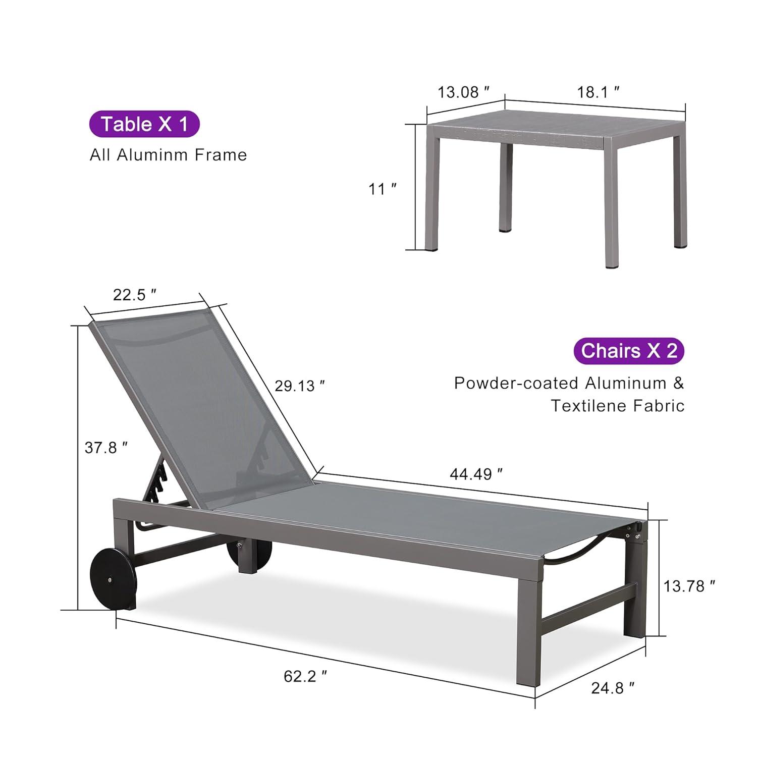 PURPLE LEAF Outdoor Chaise Lounge with Wheels for Outside 2 Pieces Aluminum Patio Lounge Chair with 5 Adjustable Position for Outdoor, Beach, Yard, Pool, Side Table Included, Light Grey
