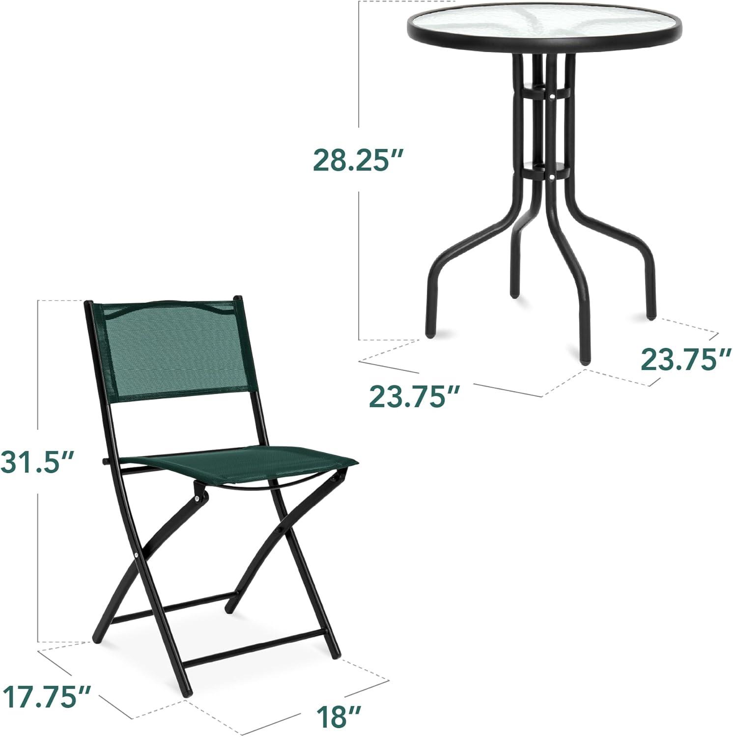 Best Choice Products 3-Piece Patio Bistro Dining Furniture Set w/ Glass Tabletop, Folding Chairs - Dark Green