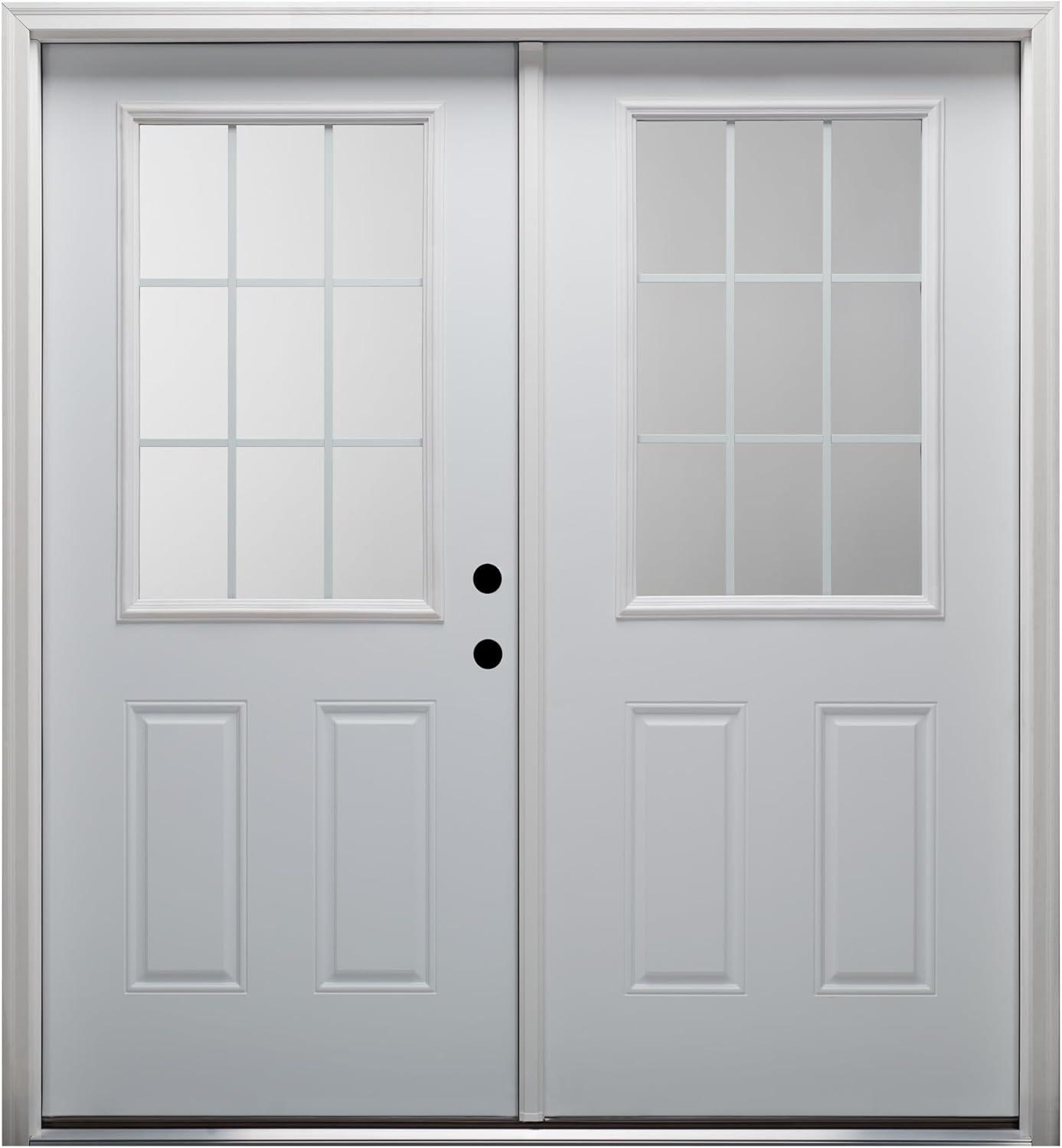 60 in. x 80 in. White Internal Grilles Right-Hand Inswing 1/2-Lite Clear Glass 2-Panel Primed Steel Prehung Front Door