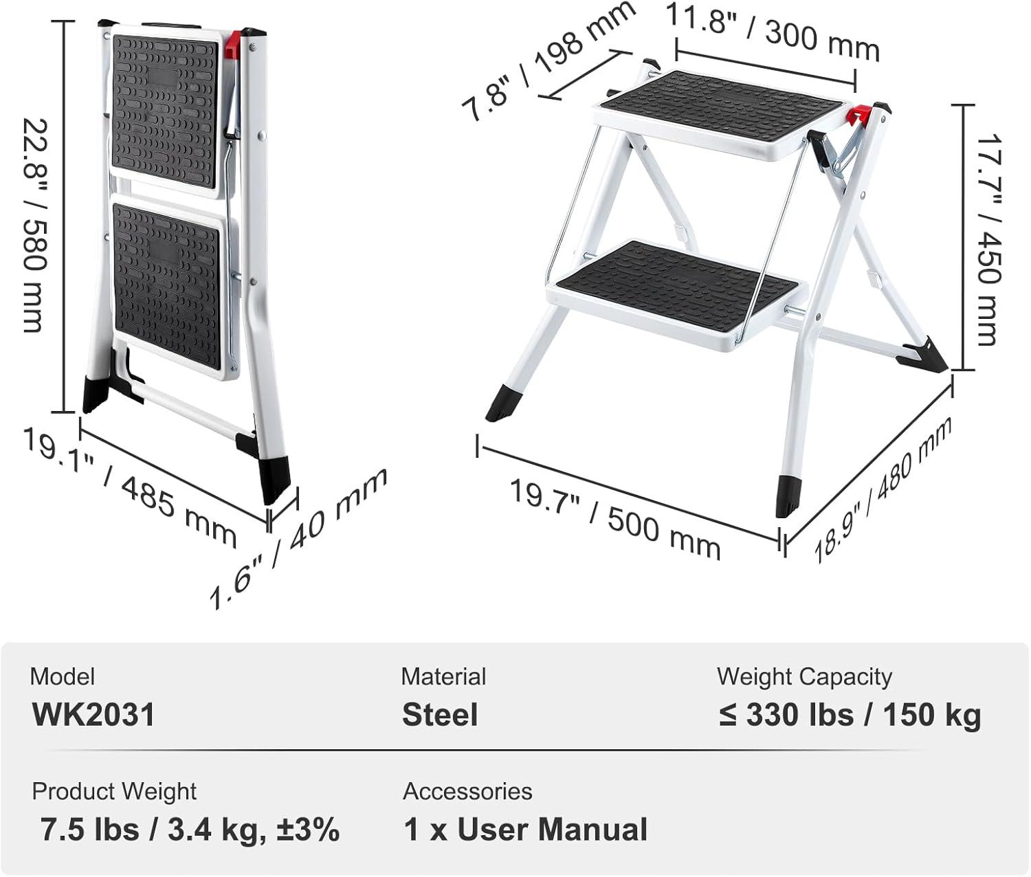 Foldable White Steel 2-Step Ladder with Anti-Slip Pedal