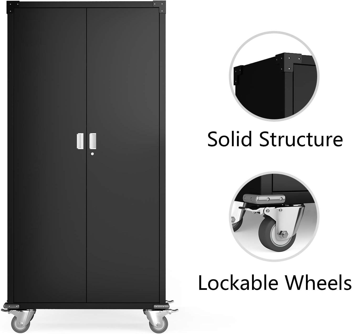 Aobabo Metal Garage Storage Cabinet on Wheels,Steel Garage Cabinets with 2 Doors and 4 Adjustable Shelves,Locking Storage Cabinet,Black,Assembly Required