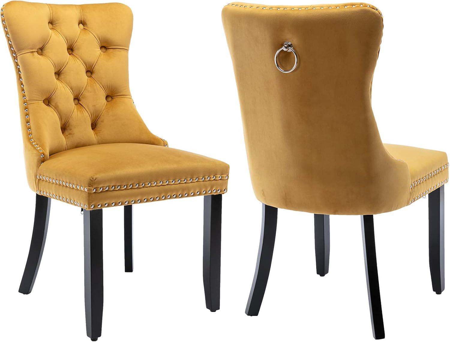 Luxurious Golden Velvet Tufted Dining Chair Set with Wood Legs and Nailhead Trim - Set of 2