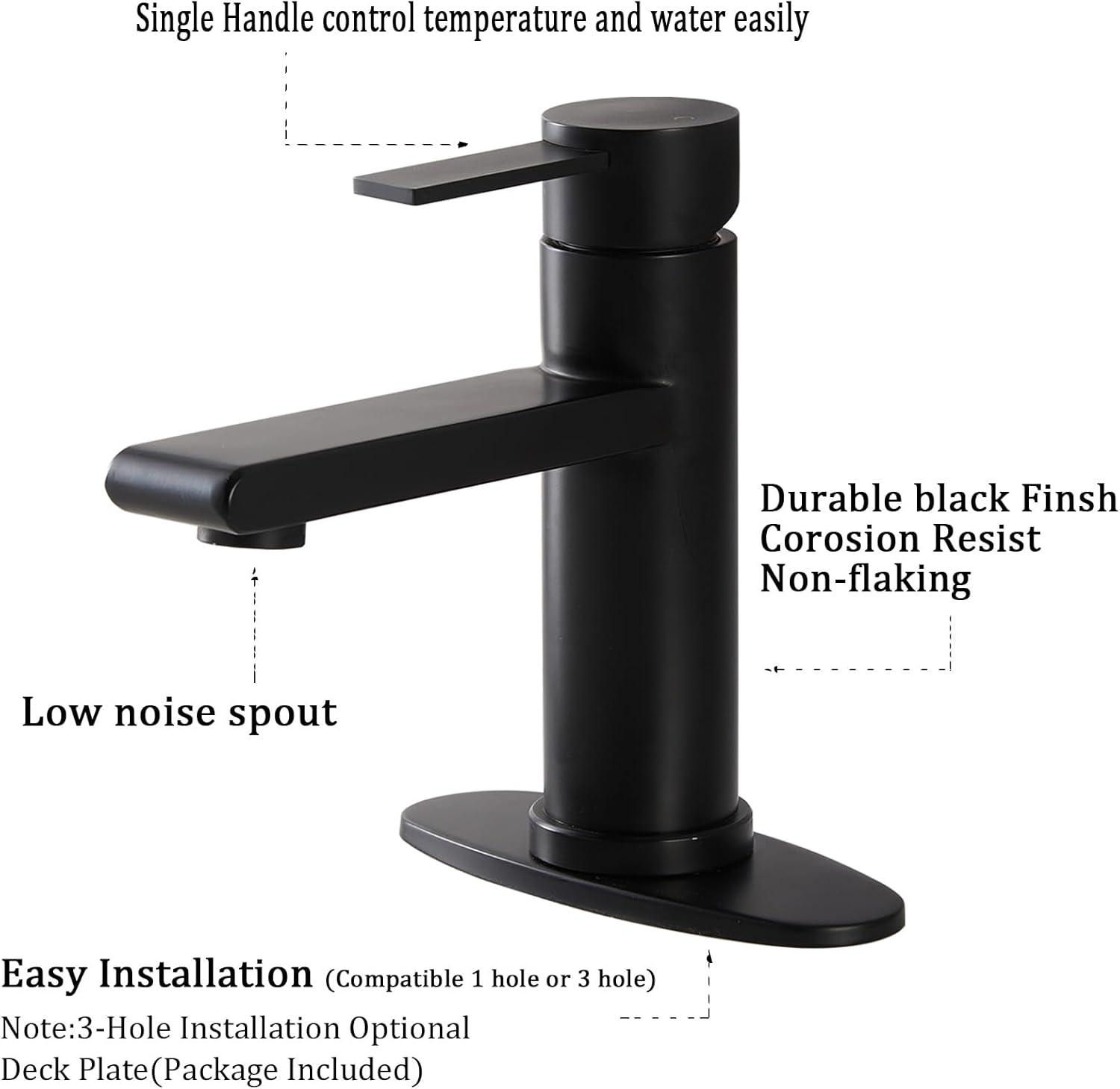 Black Bathroom Faucet Single Hole Bathroom Sink Faucet, Matte Black Single Handle Vanity Basin Faucets with Supply Deck Plate, Modern Farmhouse RV Faucet 1 or 3 Holes
