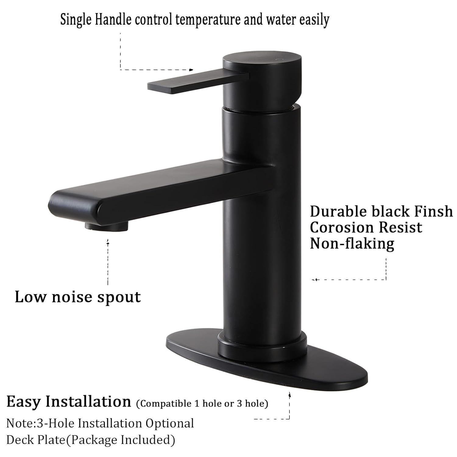 Black Bathroom Faucet Single Hole Bathroom Sink Faucet, Matte Black Single Handle Vanity Basin Faucets with Supply Deck Plate, Modern Farmhouse RV Faucet 1 or 3 Holes