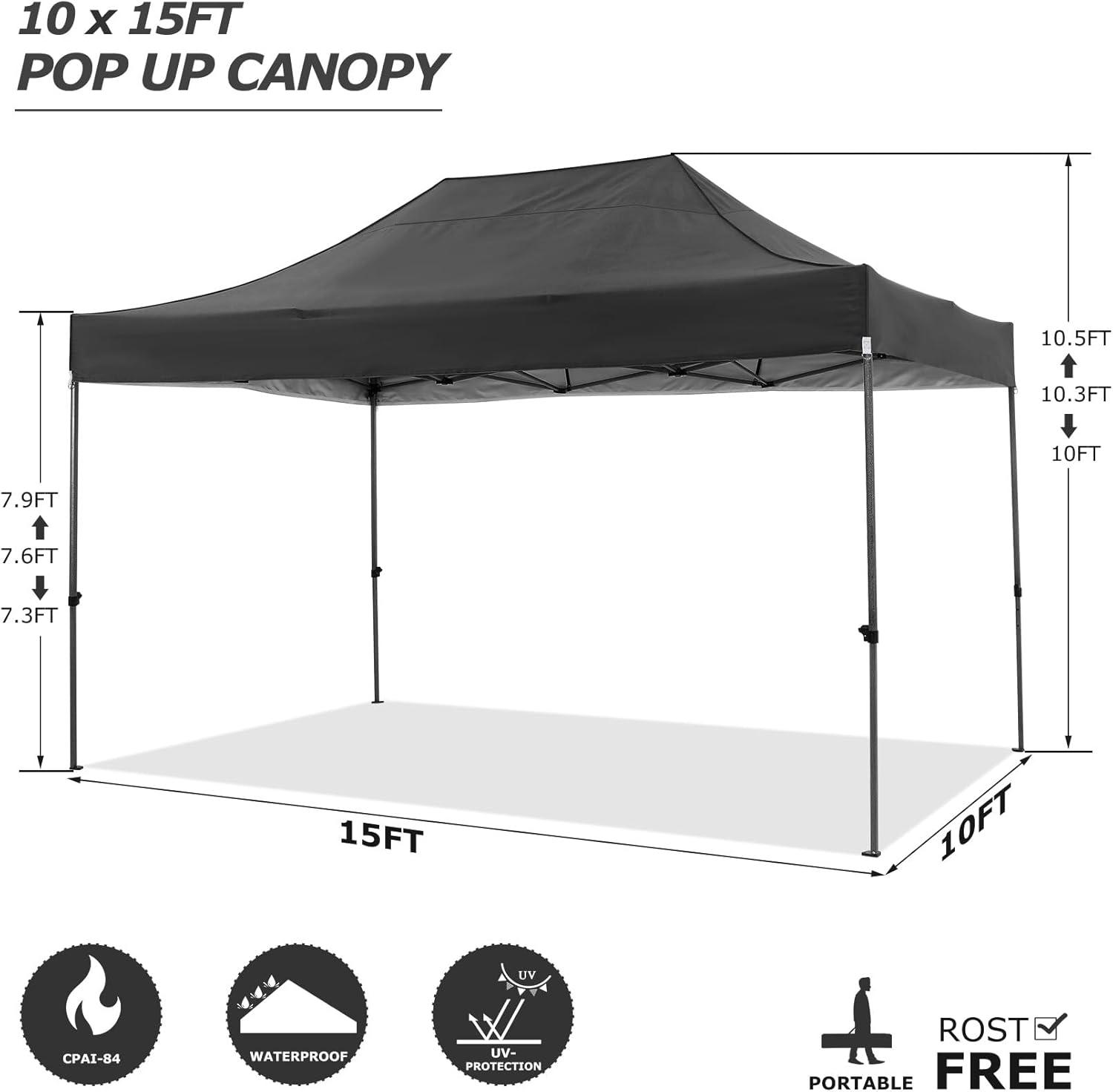 COBIZI 10x15 Heavy Duty Pop-up Canopy Tent with Adjustable Height, UPF 50+ Waterproof and Instant Outdoor Shelter, Outdoor Canopy for Beach,Party,Camping Includes 4 Sandbags and Carrying Bag,Black