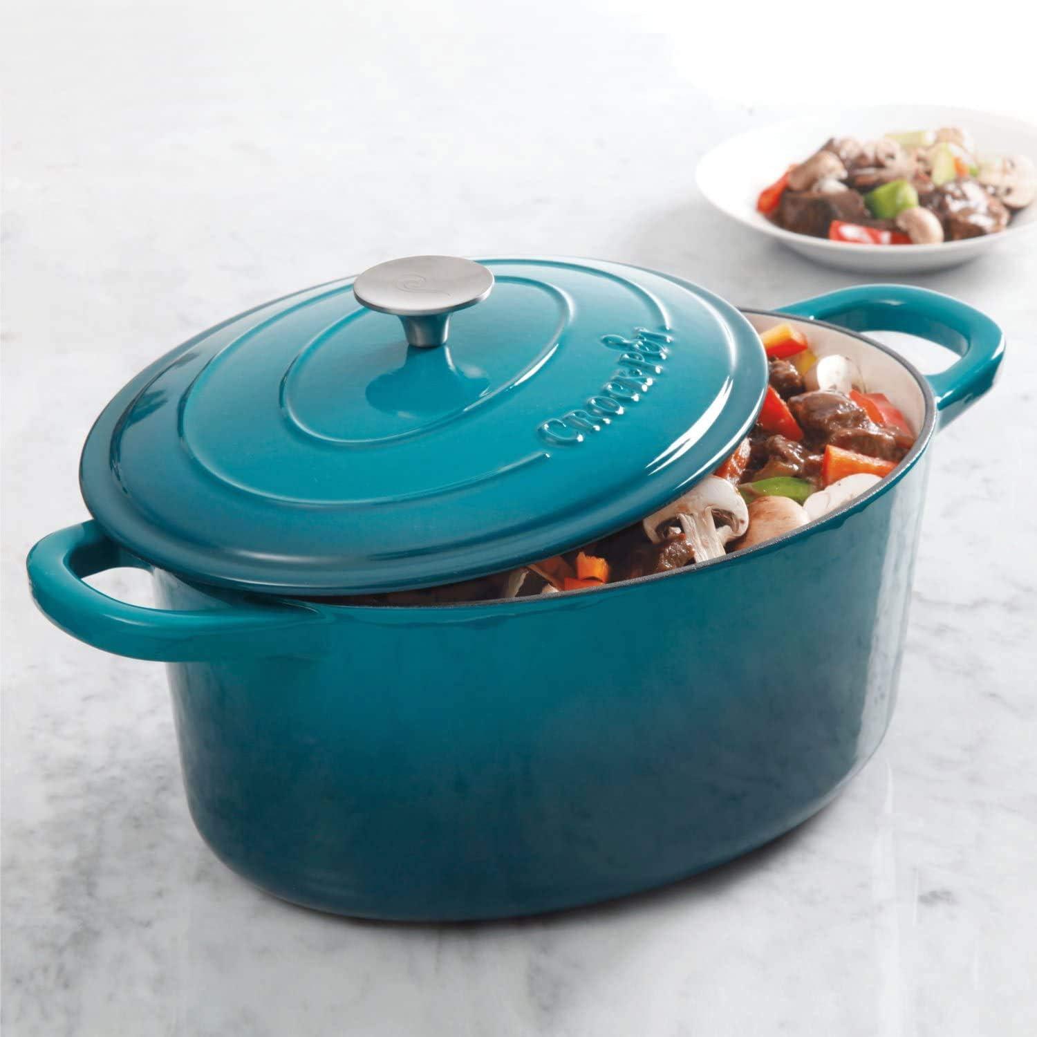 Teal 7-Quart Enameled Cast Iron Oval Dutch Oven with Lid