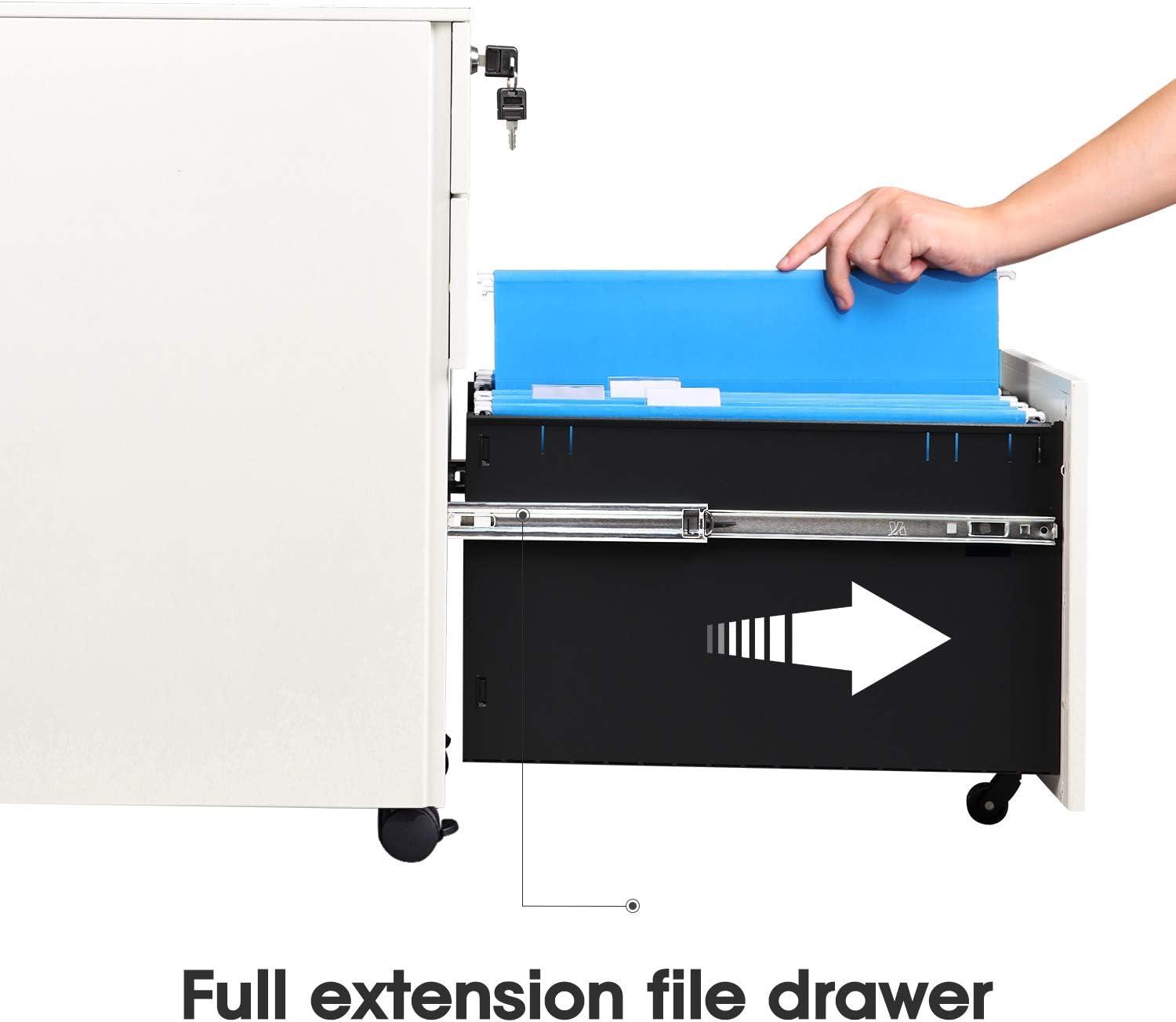 Locking File Cabinet, 3 Drawer Rolling Pedestal Under Desk Office, Fully Assembled Except Casters, White