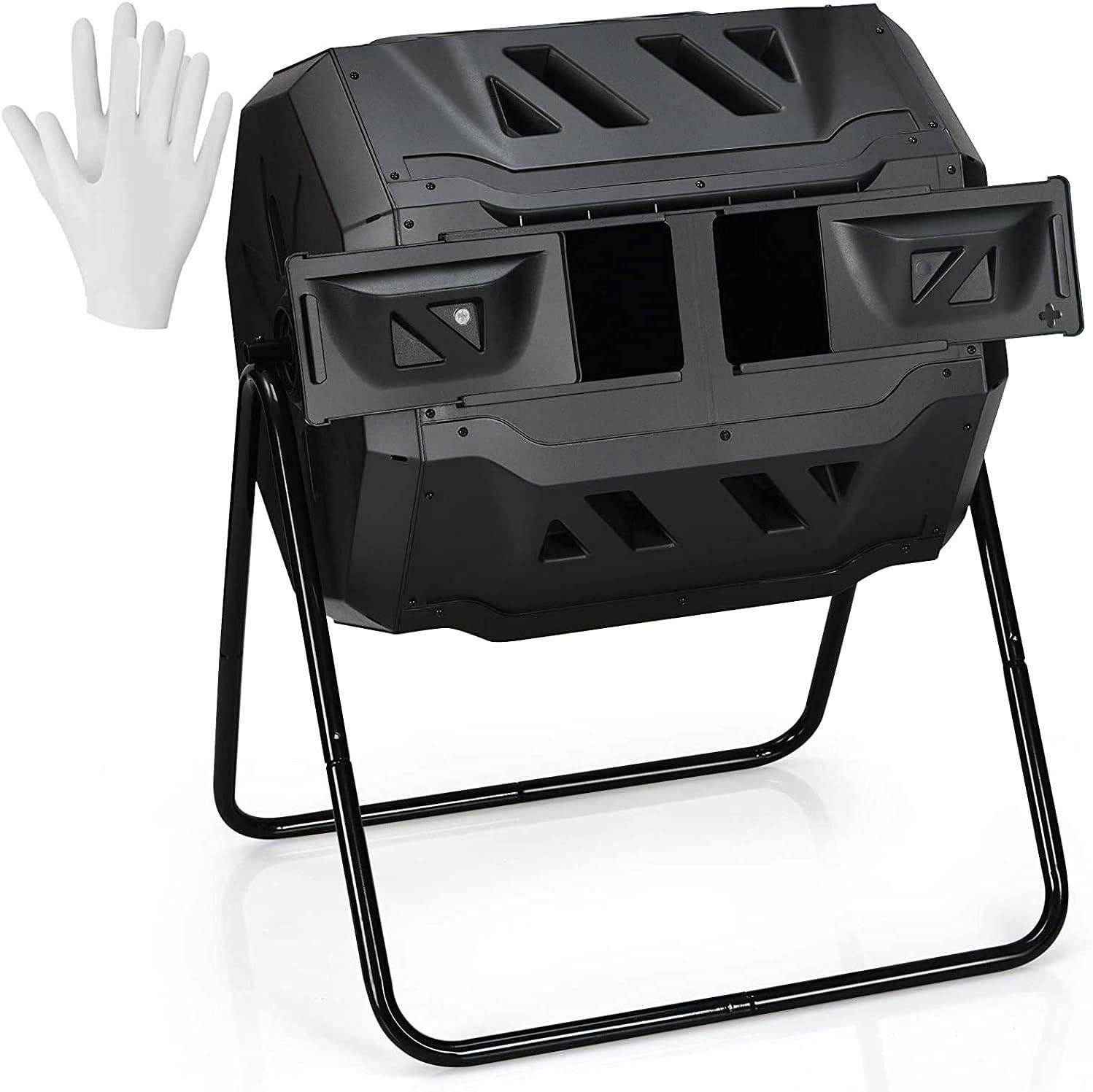 HomGarden Composting Tumbler 43gal Composter Bin W/ Dual Chamber BPA Free Black