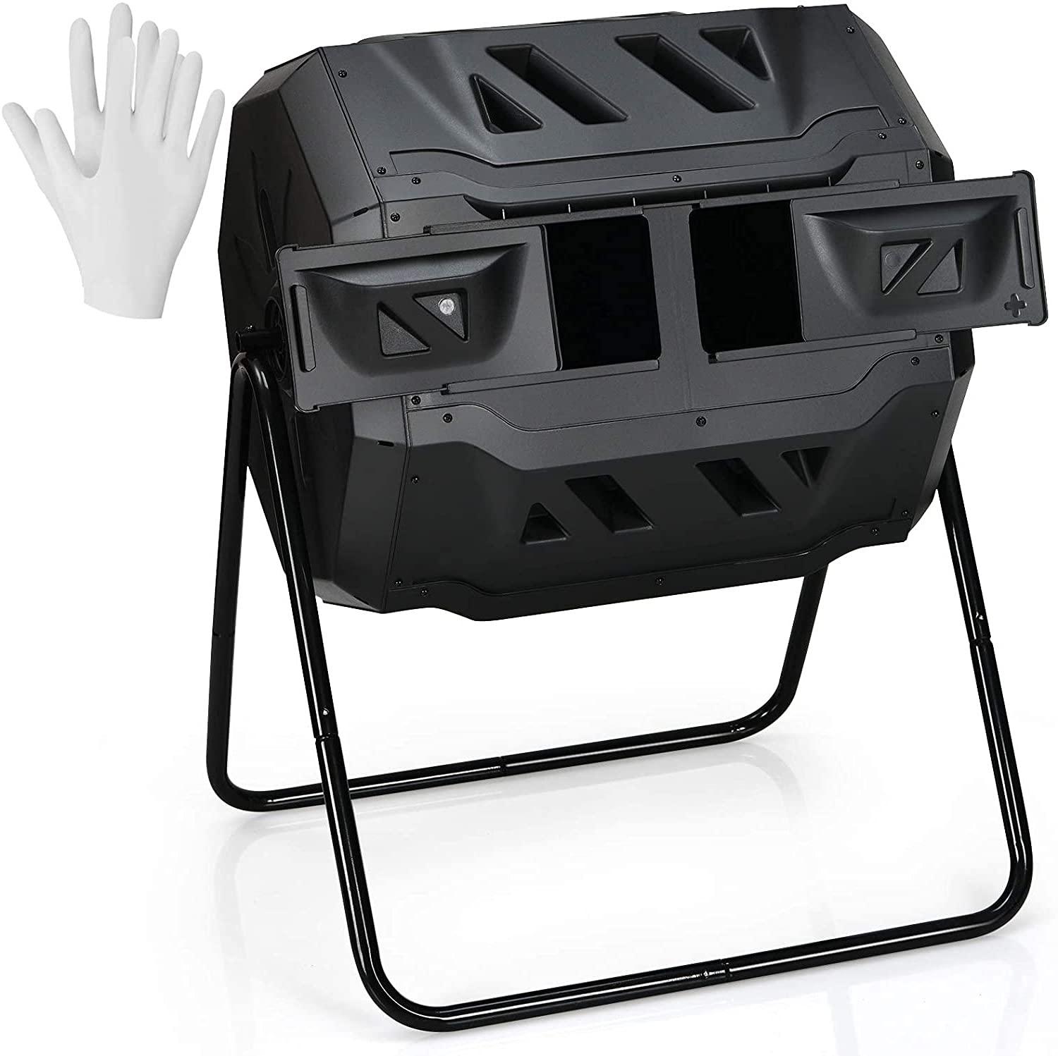 HomGarden Composting Tumbler 43gal Composter Bin W/ Dual Chamber BPA Free Black