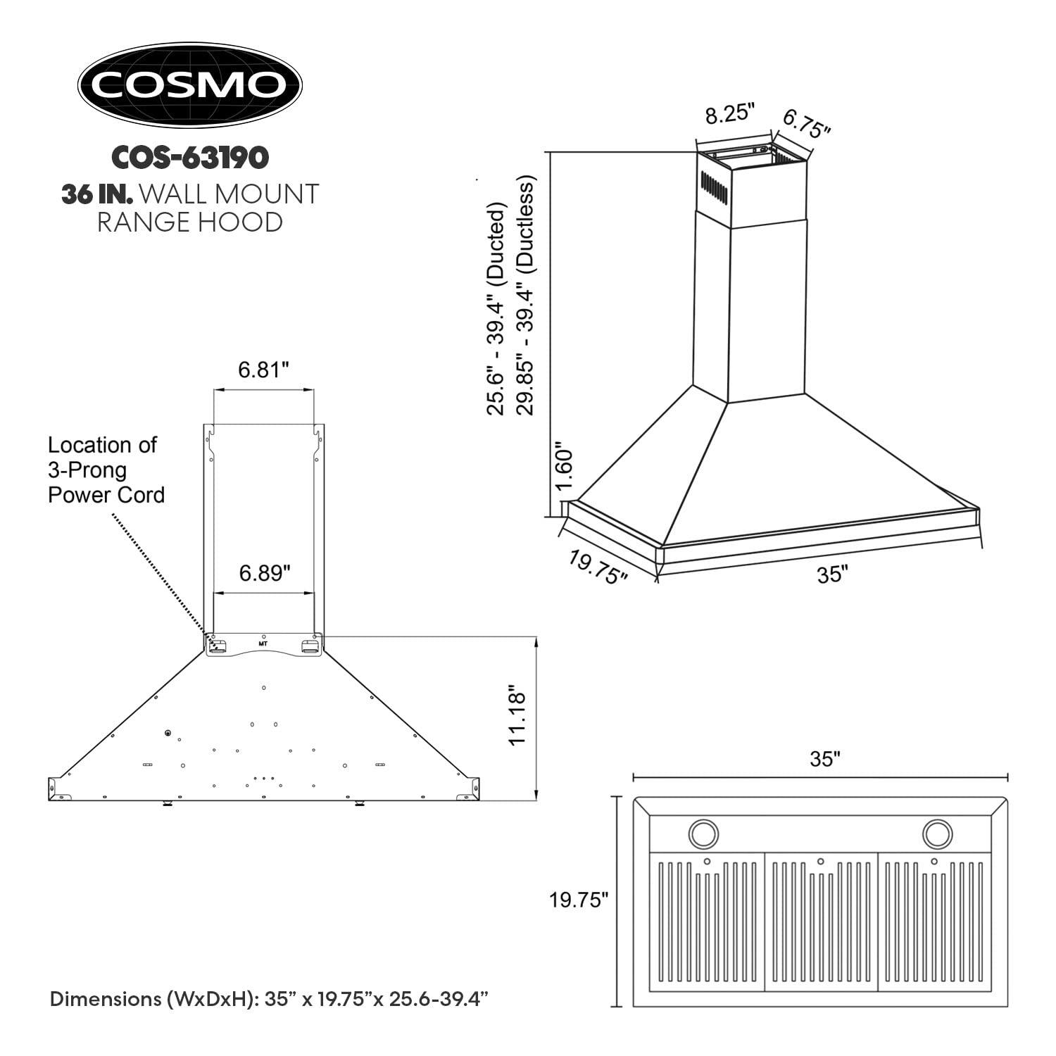 Cosmo Campana Extractora de Montaje en Pared de 36 Pulgadas en Acero Inoxidable con Iluminación LED y Filtros Permanentes