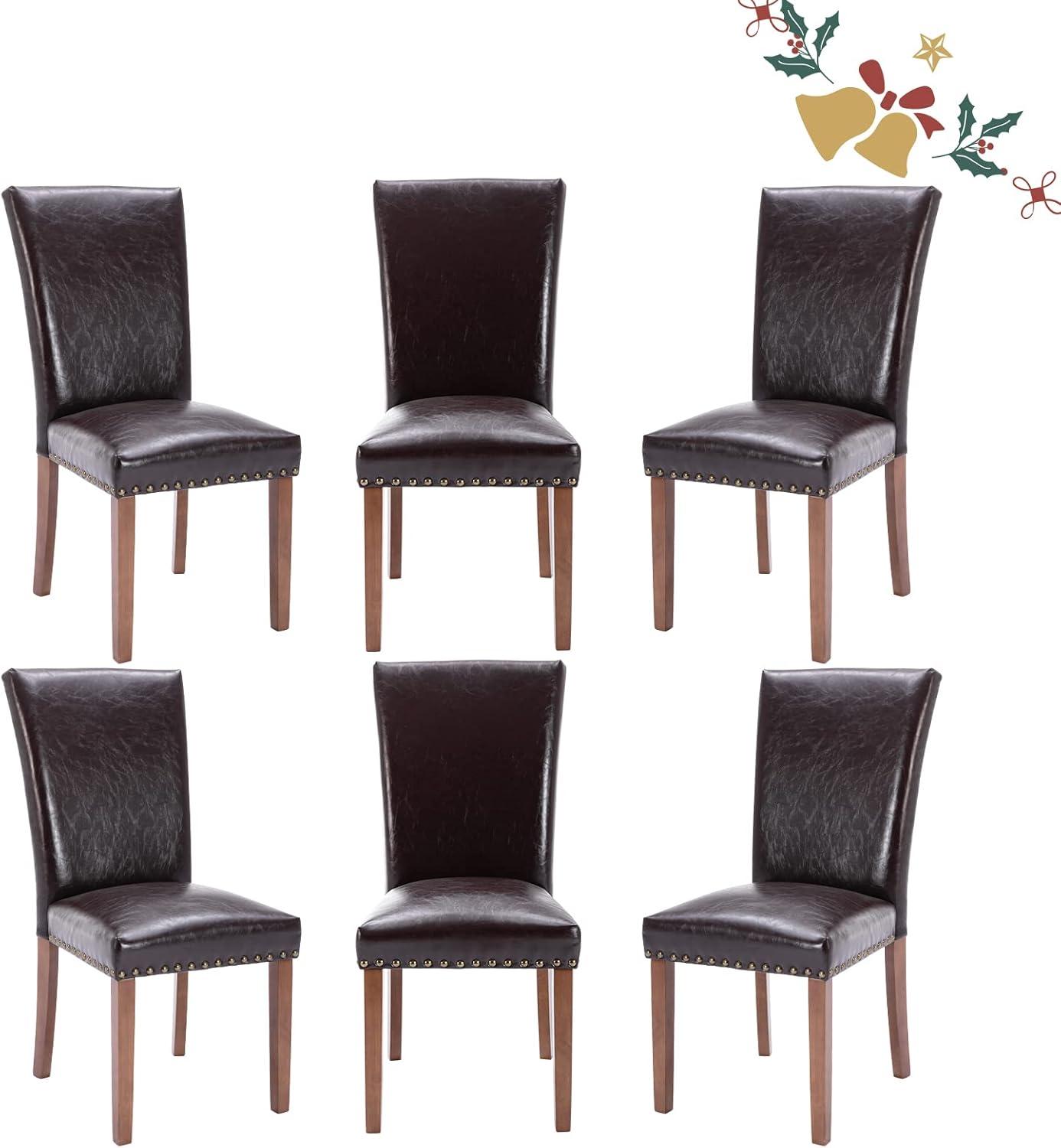 COLAMY Upholstered Parsons Dining Chairs Set of 2, PU Leather Dining Room Kitchen Side Chair with Nailhead Trim and Wood Legs - Dark Brown