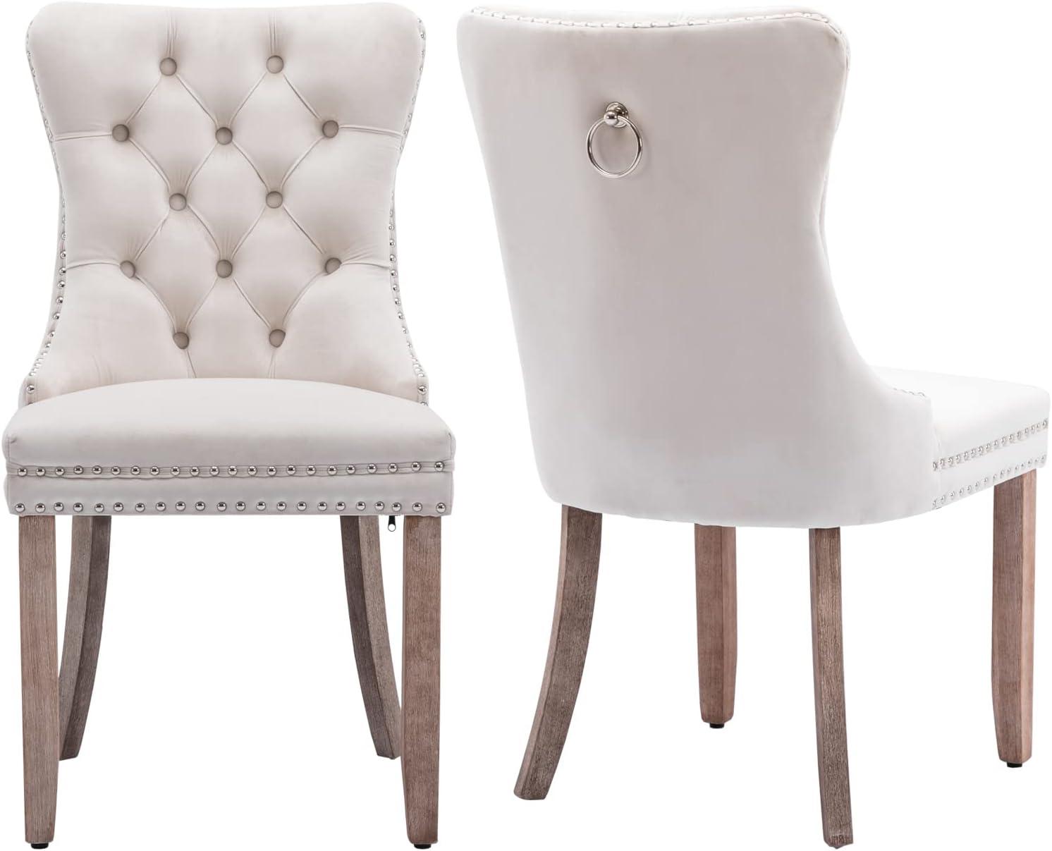 ODUSE-DAILY Beige Velvet Dining Chairs Set of 2, Kitchen & Dining Room Chairs, Tufted Dining Chairs, Fabric Upholstered, Solid Wood, Sillas De Comedor (Beige, 2 Pcs)