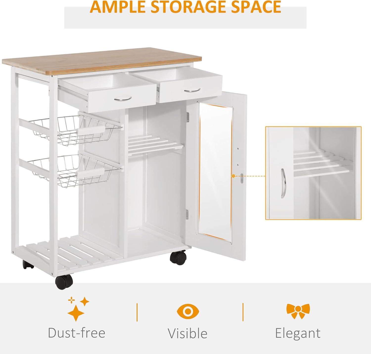HOMCOM 28†Rolling Kitchen Trolley Serving Cart Storage Cabinet Bamboo Top with Wire Basket & Glass Door & Drawers - White