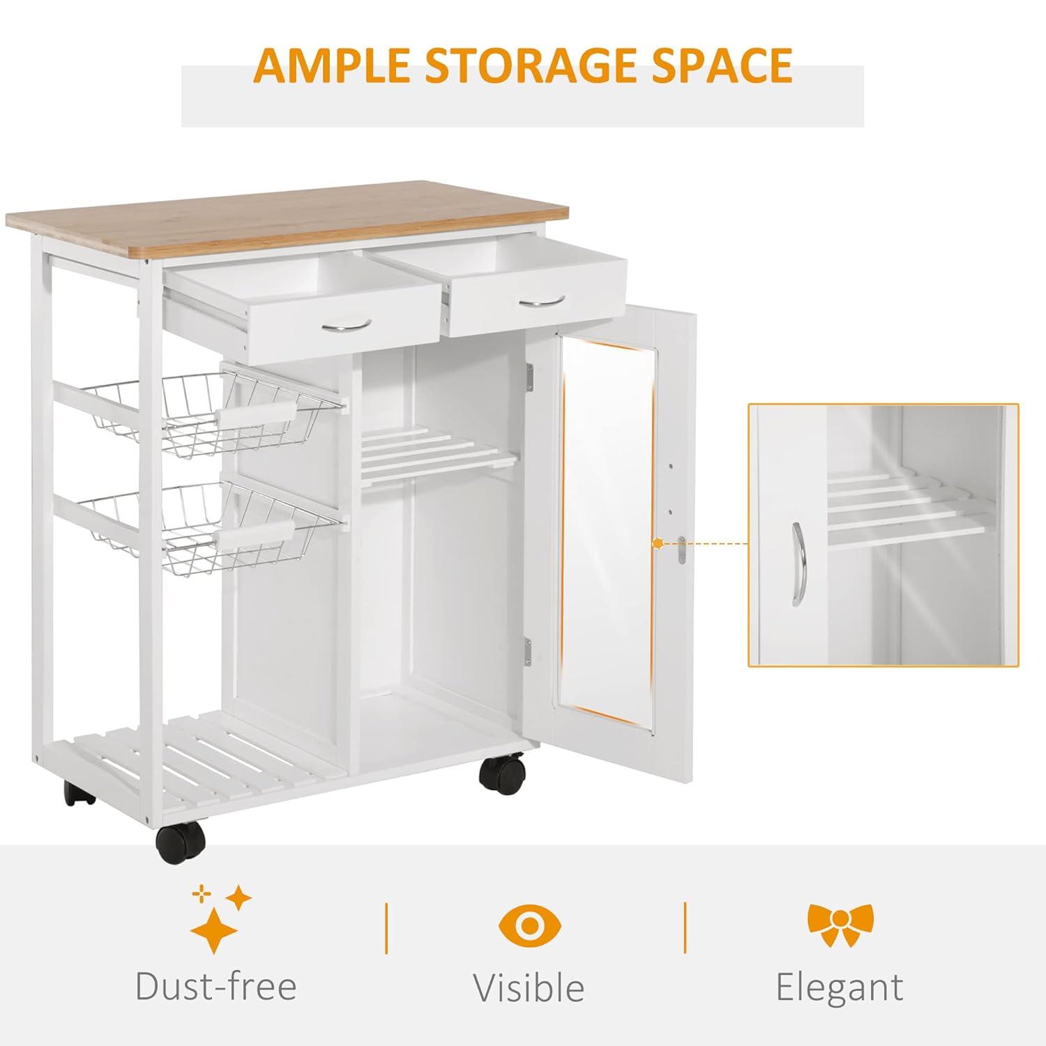 HOMCOM 28†Rolling Kitchen Trolley Serving Cart Storage Cabinet Bamboo Top with Wire Basket & Glass Door & Drawers - White