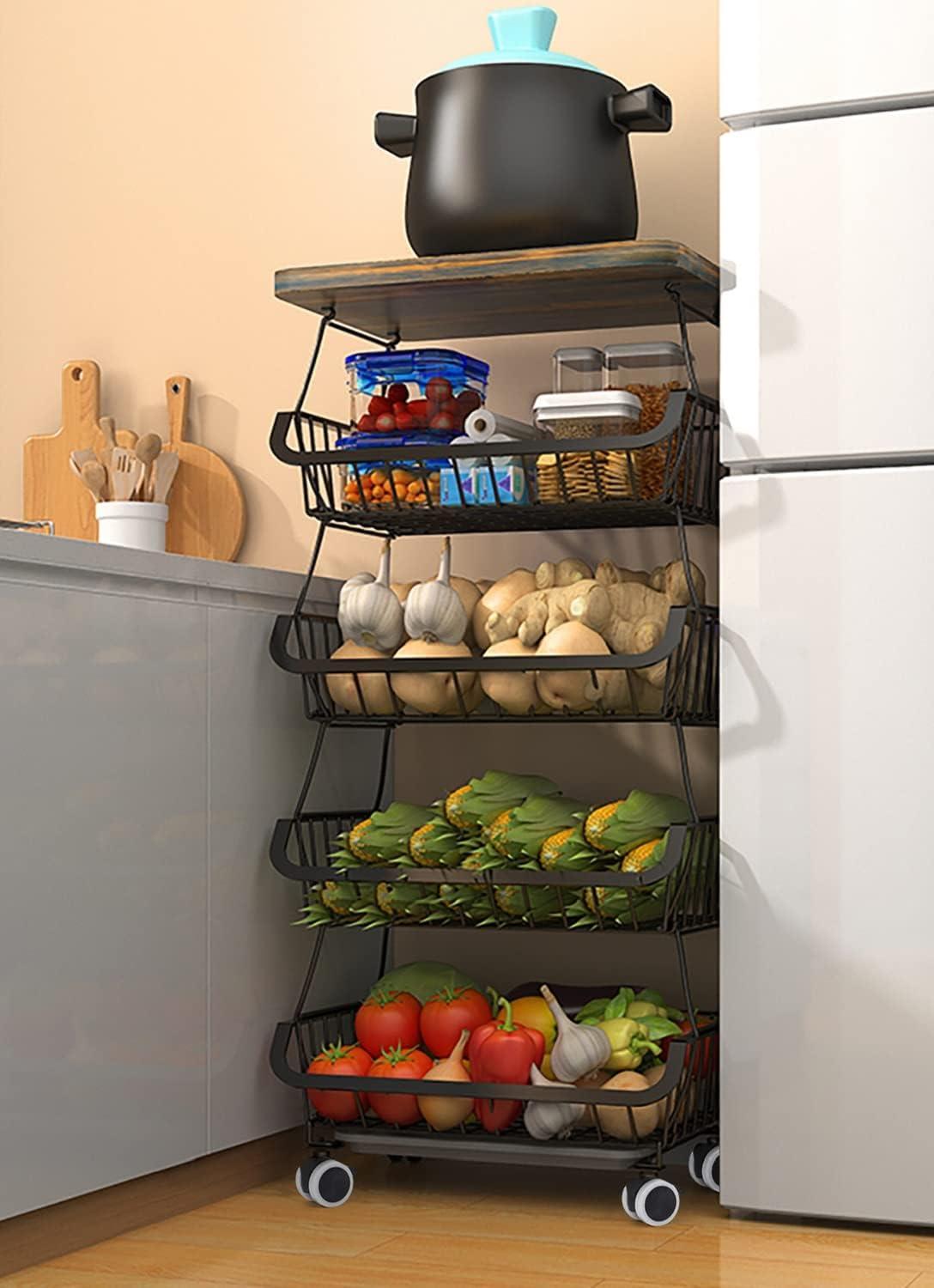 Black 5-Tier Metal and Wood Kitchen Storage Basket